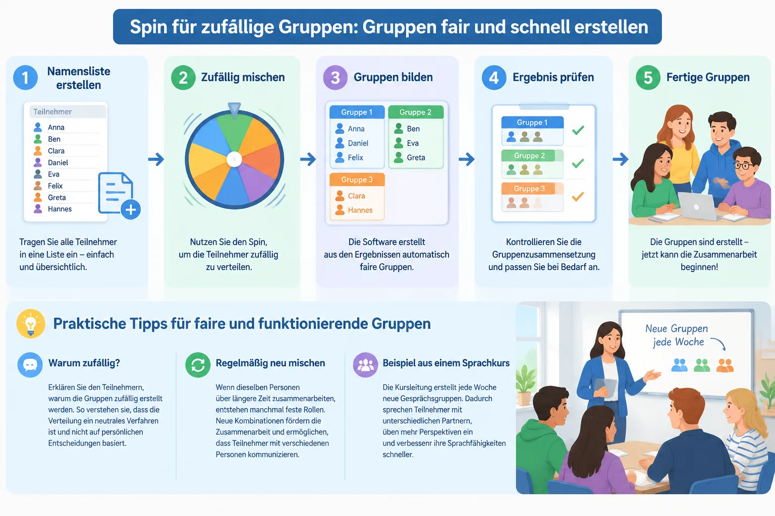 Infografik mit fünf einfachen Schritten von der Namensliste bis zur fertigen Gruppenverteilung