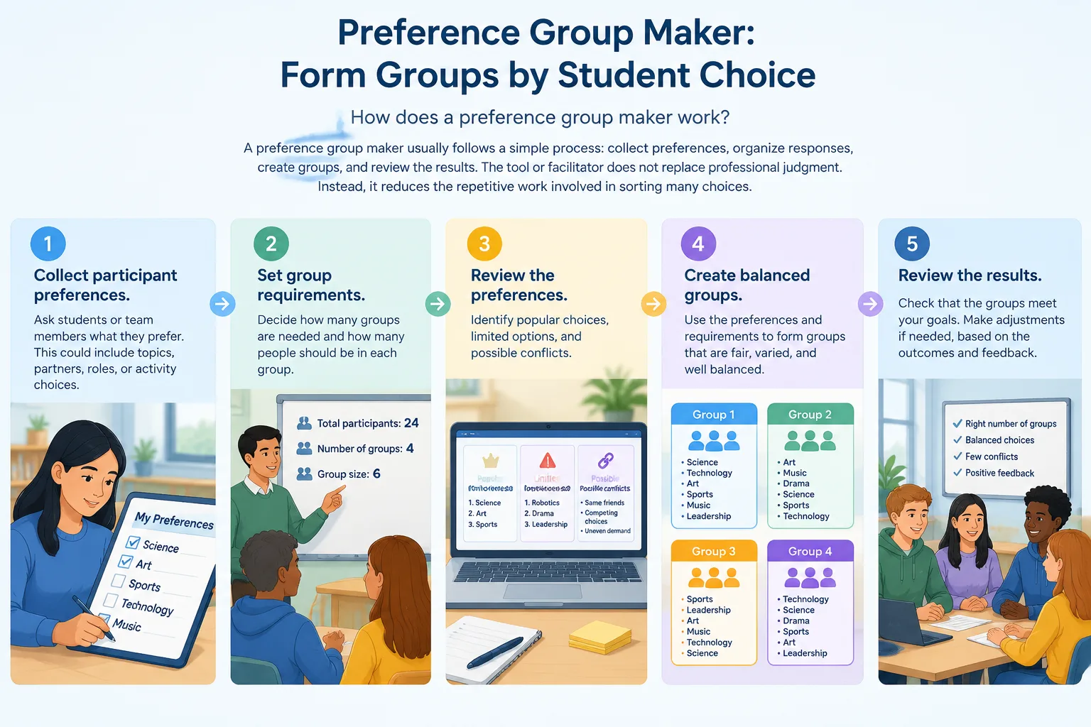 workflow illustration with five steps from collecting preferences to balanced groups