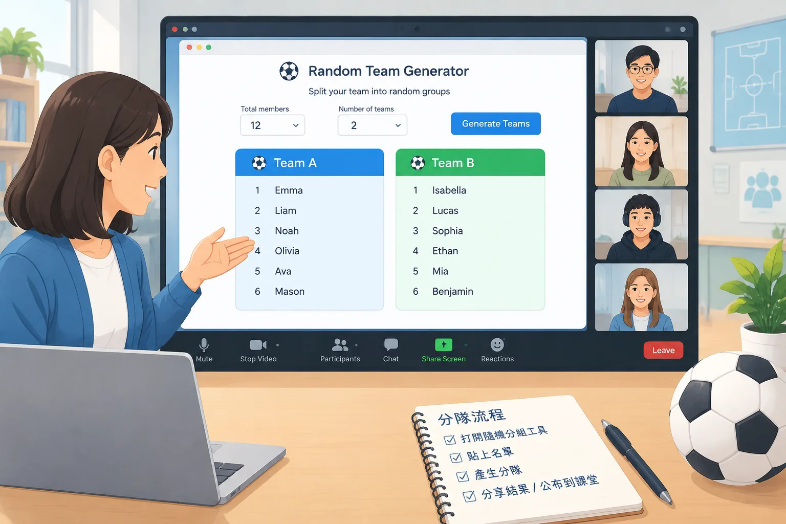 Illustration of a facilitator sharing a random team generator screen during a video meeting