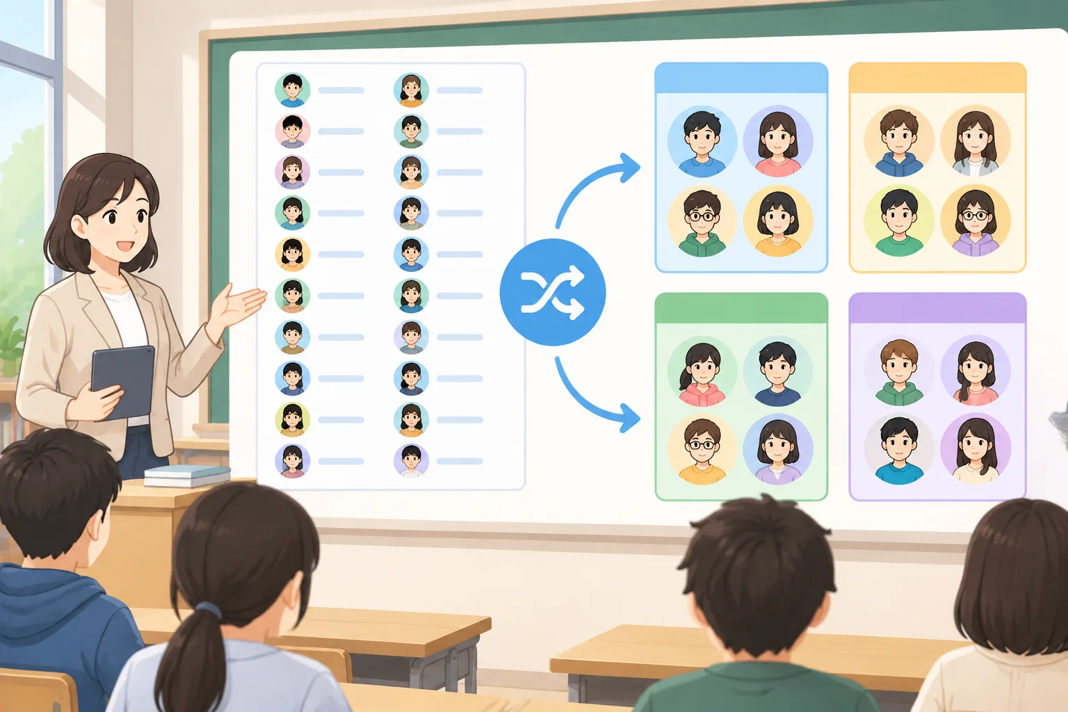 Clean instructional illustration of a classroom list of student names being evenly distributed into