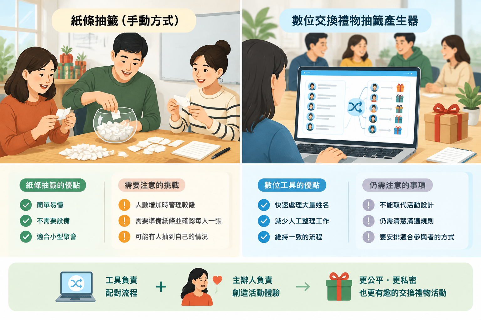 comparison infographic between paper drawing and digital secret gift exchange generator workflow