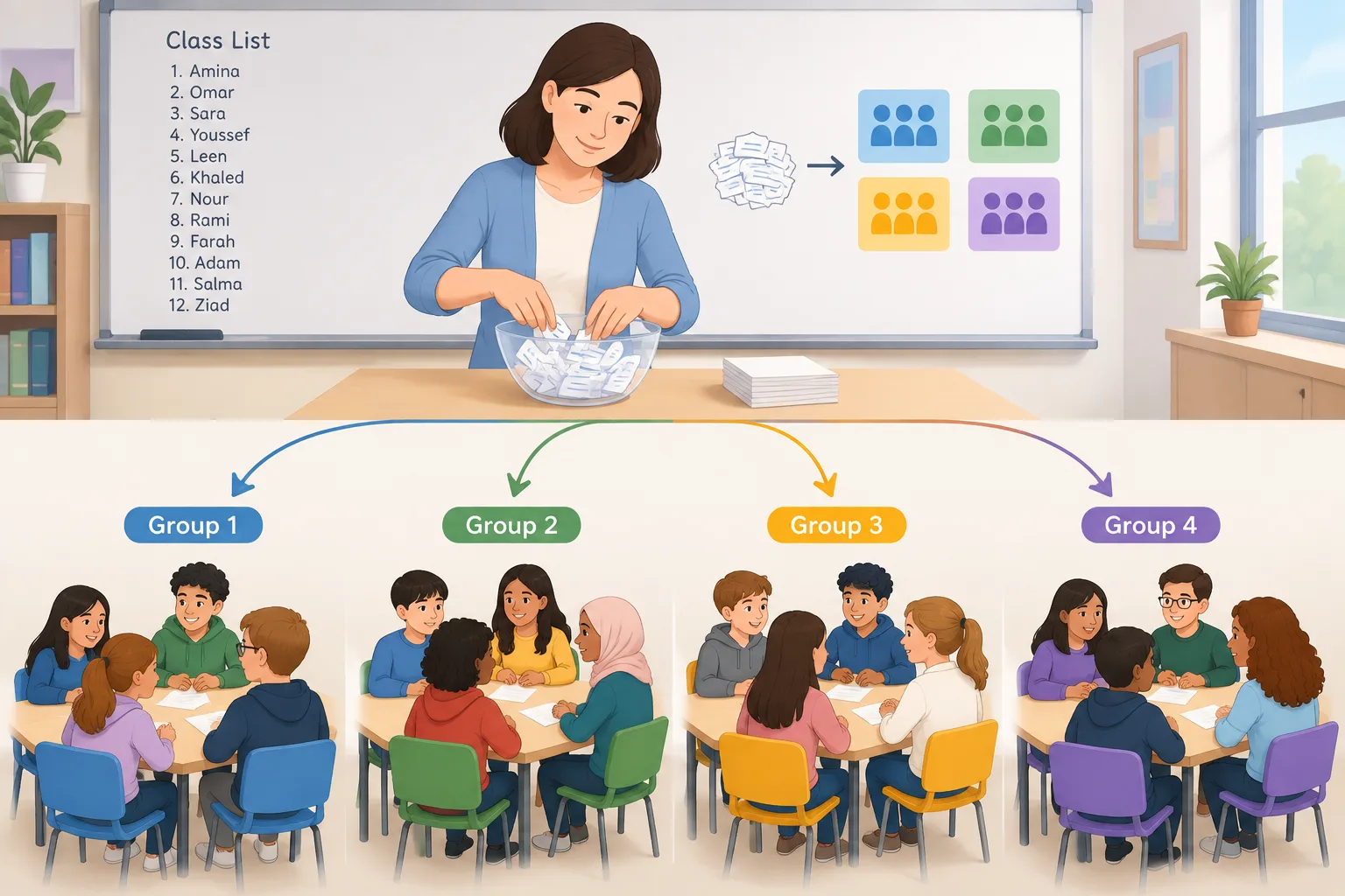Clean instructional illustration of a class name list being shuffled into four balanced small groups