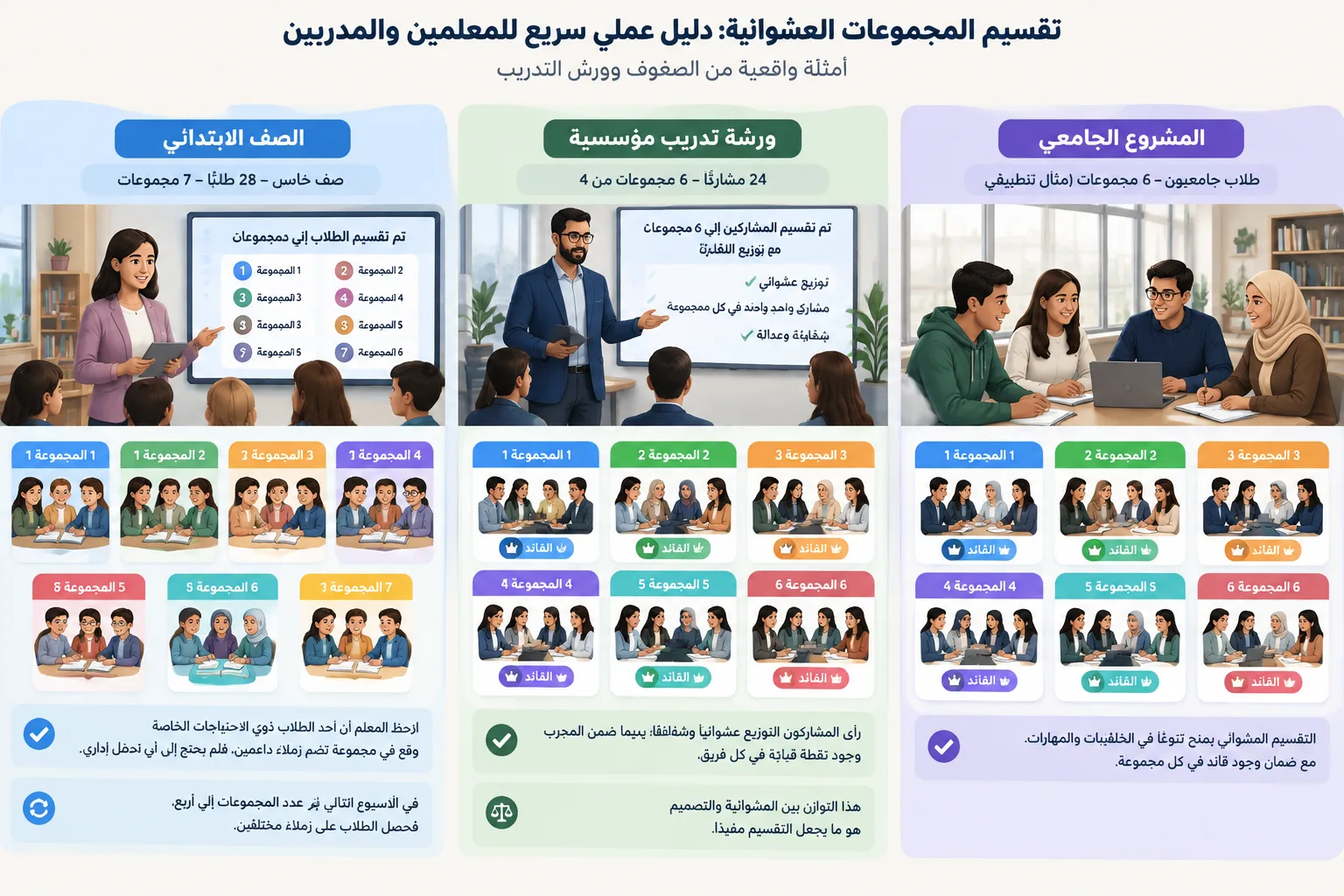 Illustration comparing three grouping scenarios side by side