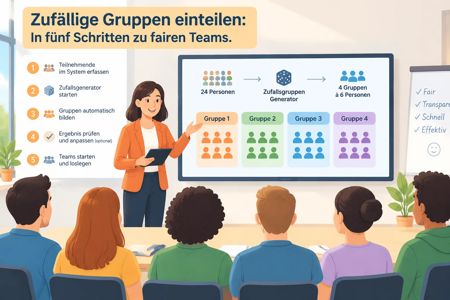 Clean instructional illustration of a facilitator splitting a group of 24 abstract figures into four