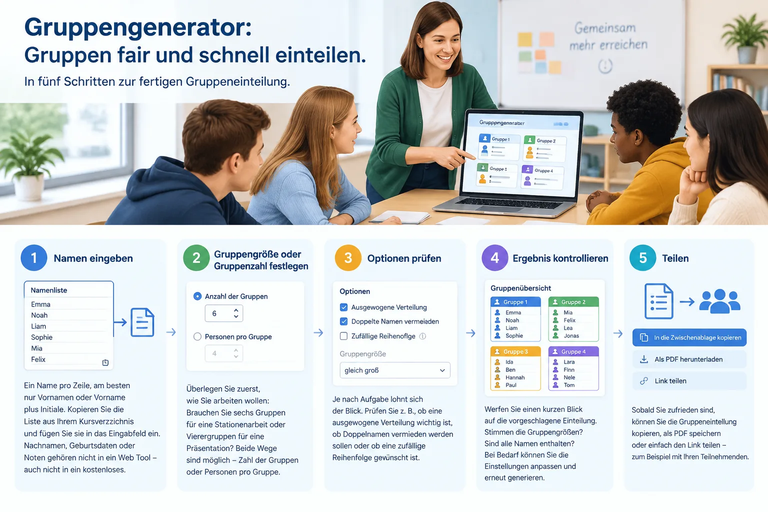 Fünf Schritte als Diagramm: Namen eingeben