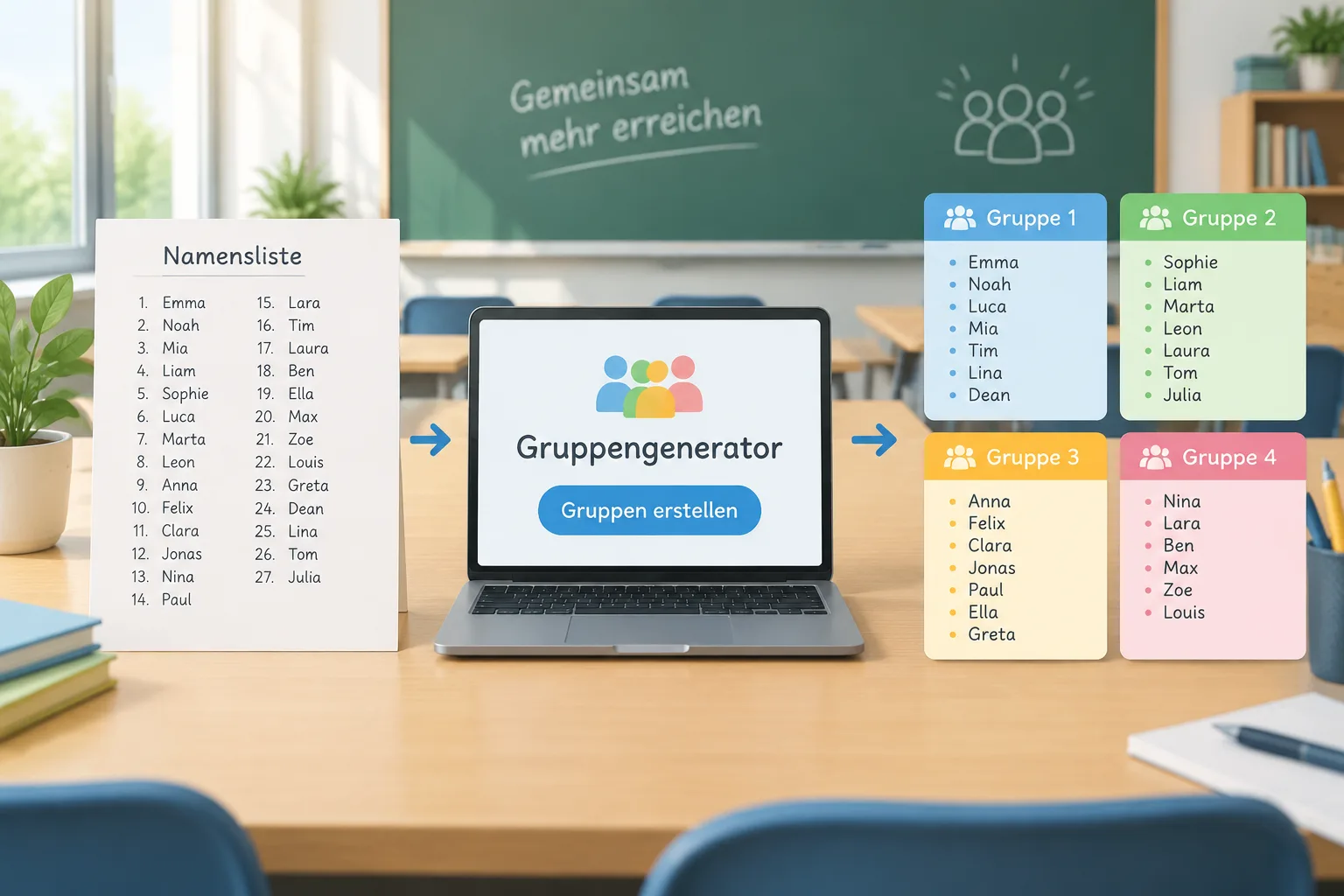 Gruppengenerator: eine Namensliste wird in vier gleich große, farblich markierte Gruppen aufgeteilt