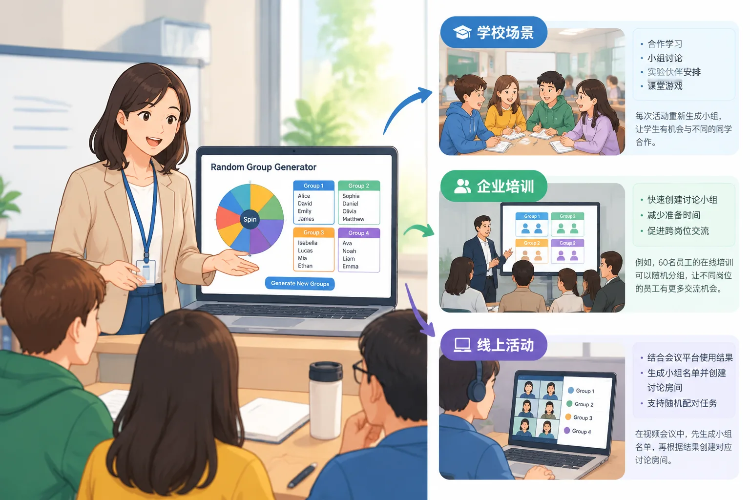 workshop facilitator using a neutral digital grouping tool to organize participants into teams