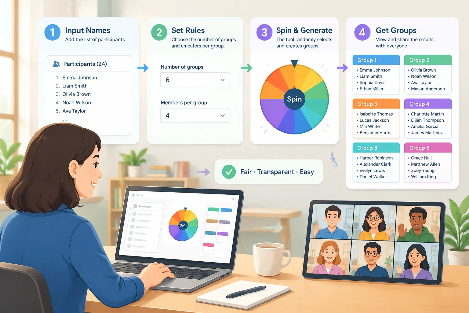 instructional workflow illustration showing input names, spin wheel, and generated groups