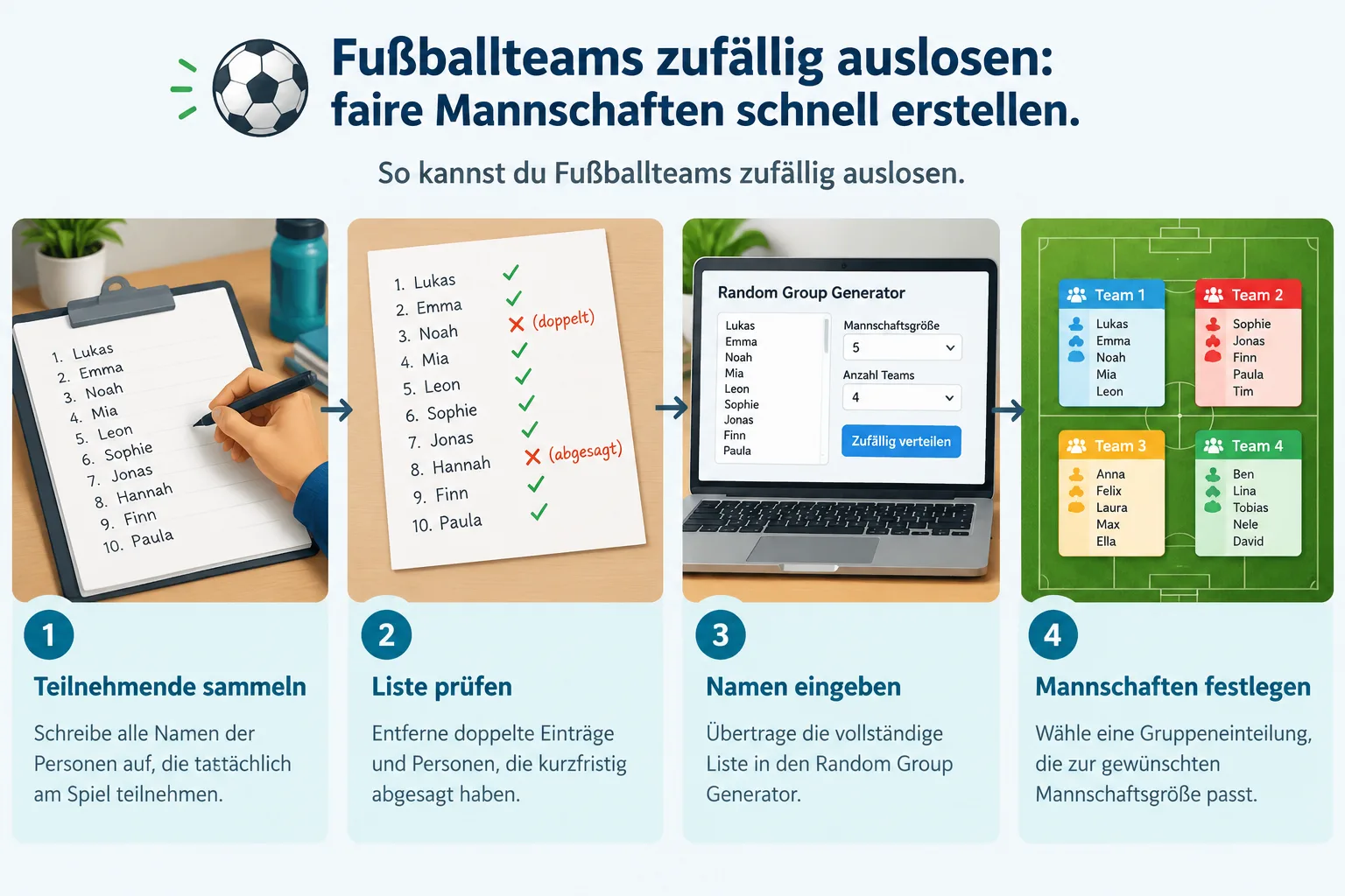Schrittgrafik mit vier neutralen Stationen: Namensliste eingeben