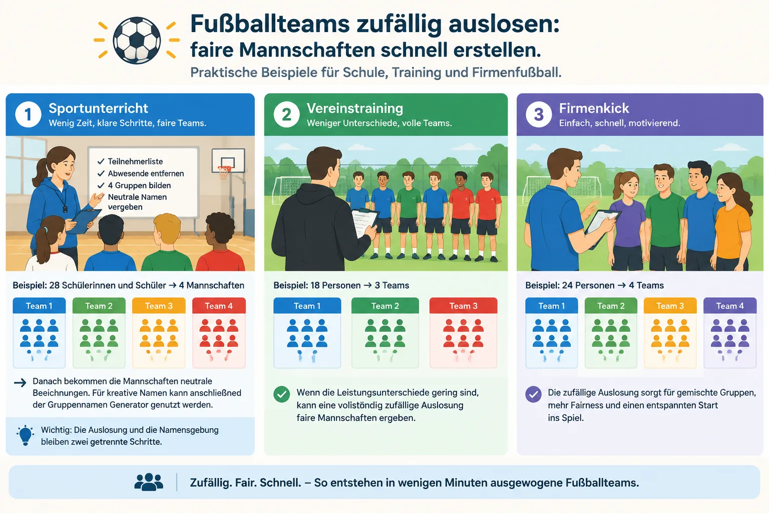 Tool-neutrale Infografik mit drei Szenarien für zufällige Fußballteams: Sportunterricht