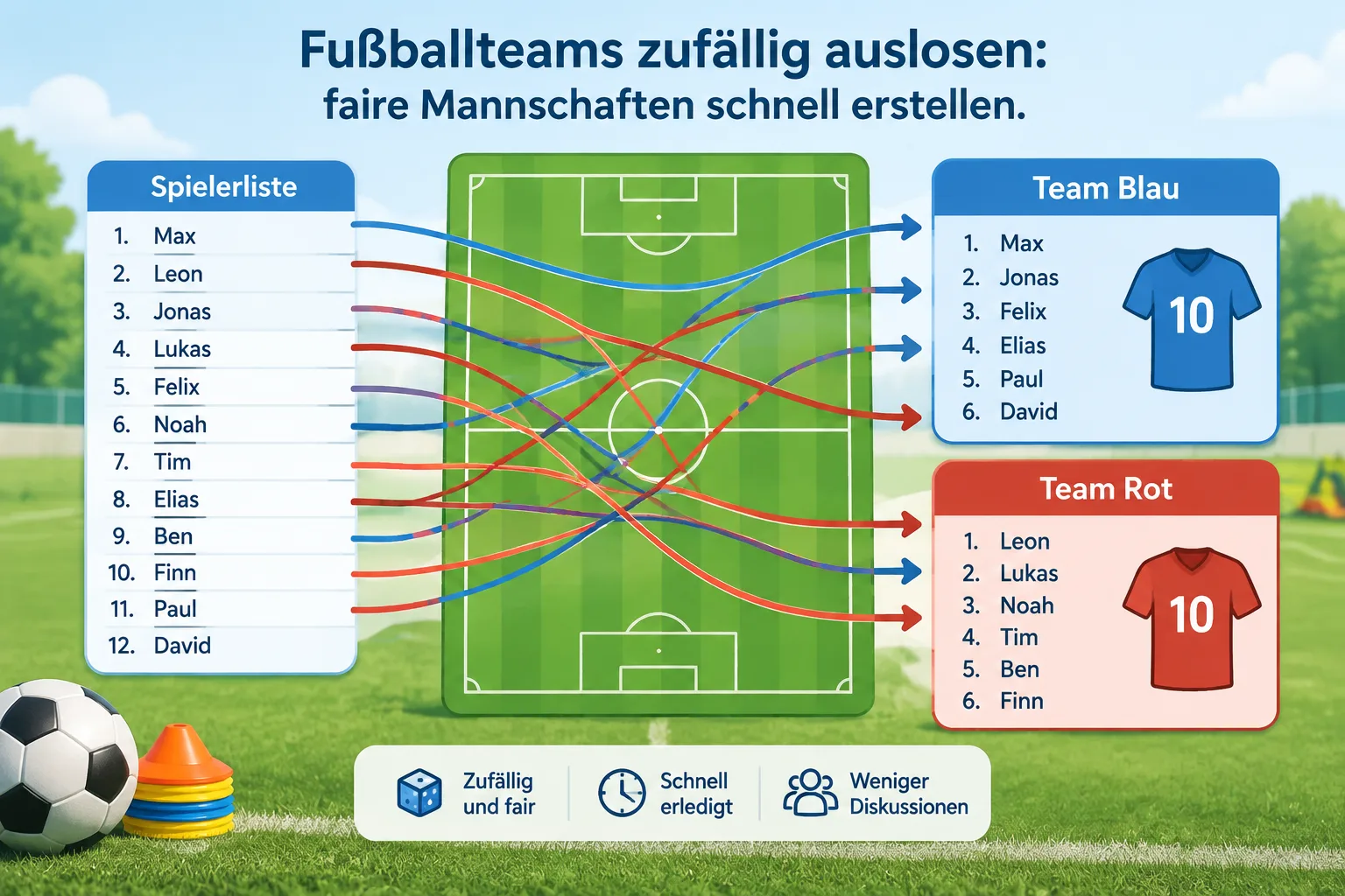 Eine klare schematische Fußballfeld-Grafik mit einer Namensliste