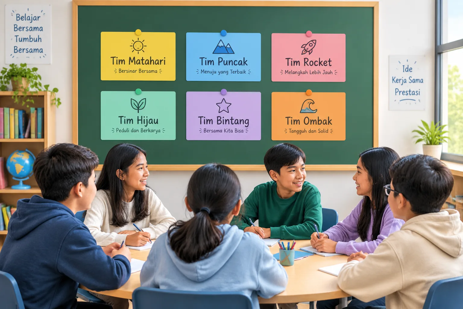 Papan tulis kelas dengan enam kartu nama kelompok berwarna dalam susunan kisi