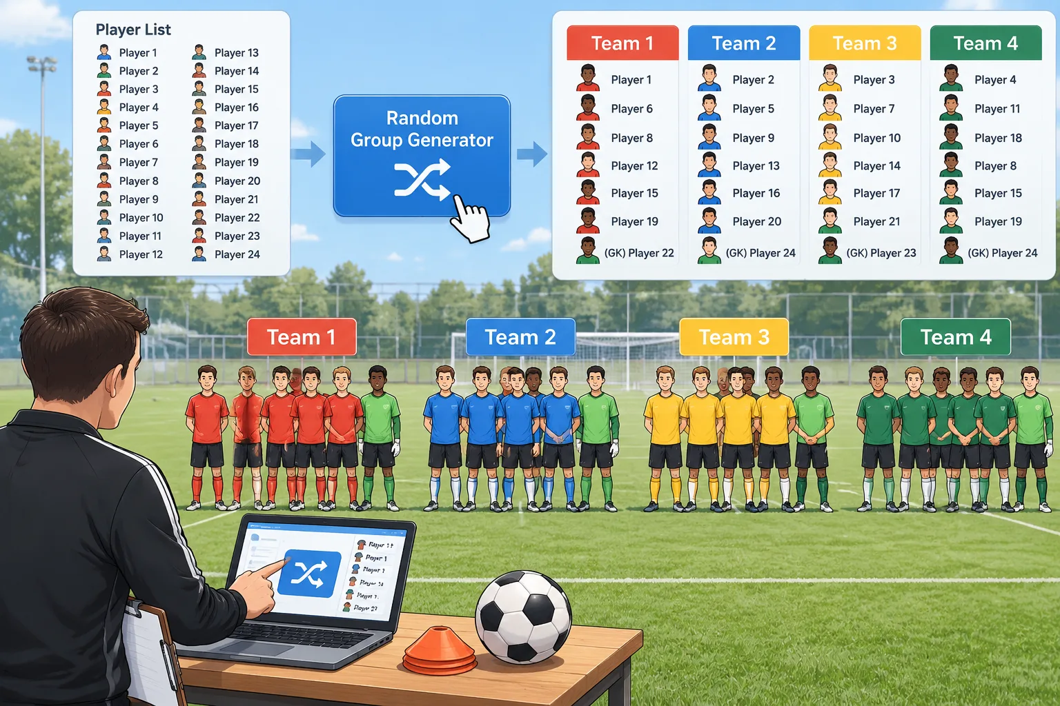 Clean instructional diagram of a soccer team draw using a random group generator