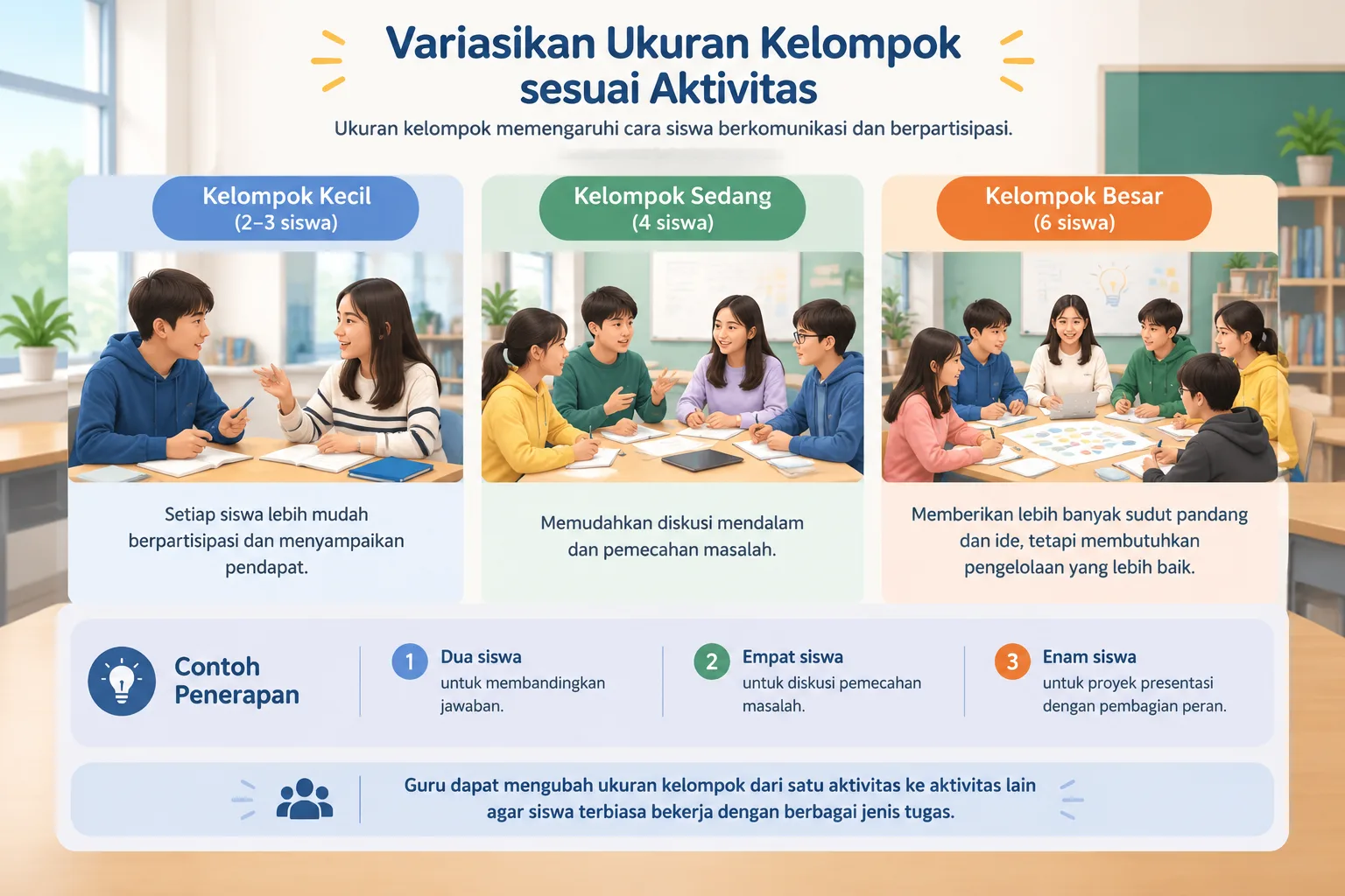 diagram sederhana yang membandingkan ukuran kelompok kecil sedang dan besar dengan aktivitas kelas y