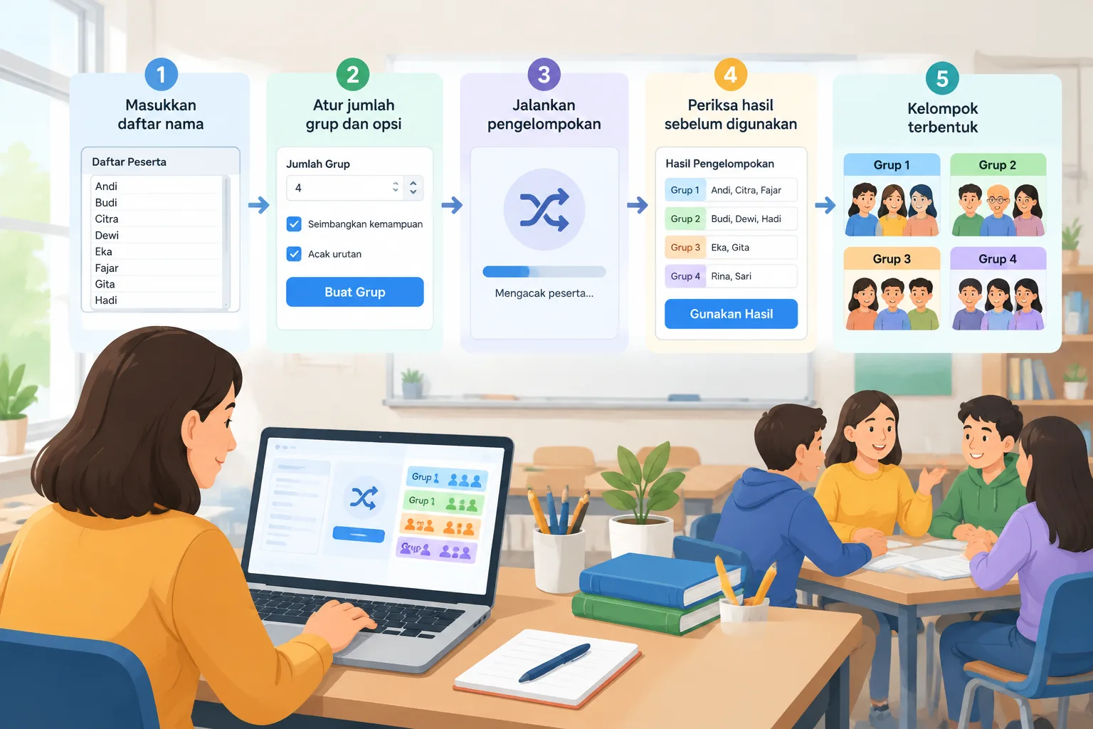 infografik alur penggunaan alat pengelompokan acak dari memasukkan daftar nama hingga kelompok terbe