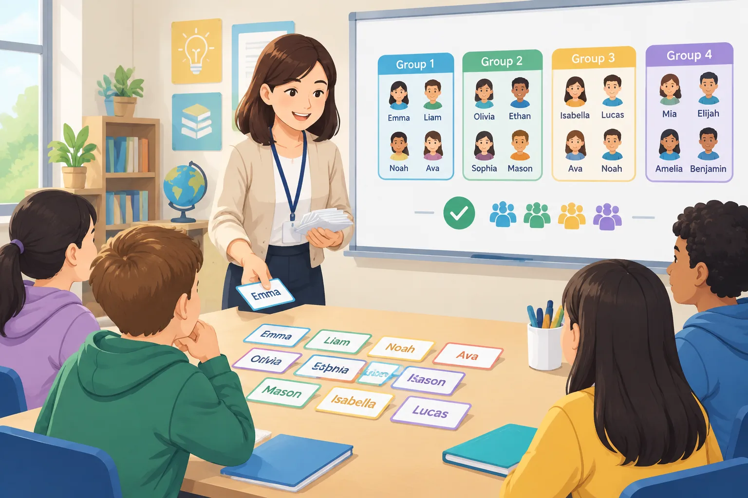 ilustrasi instruksional tentang guru membagi siswa menjadi beberapa kelompok belajar seimbang menggu