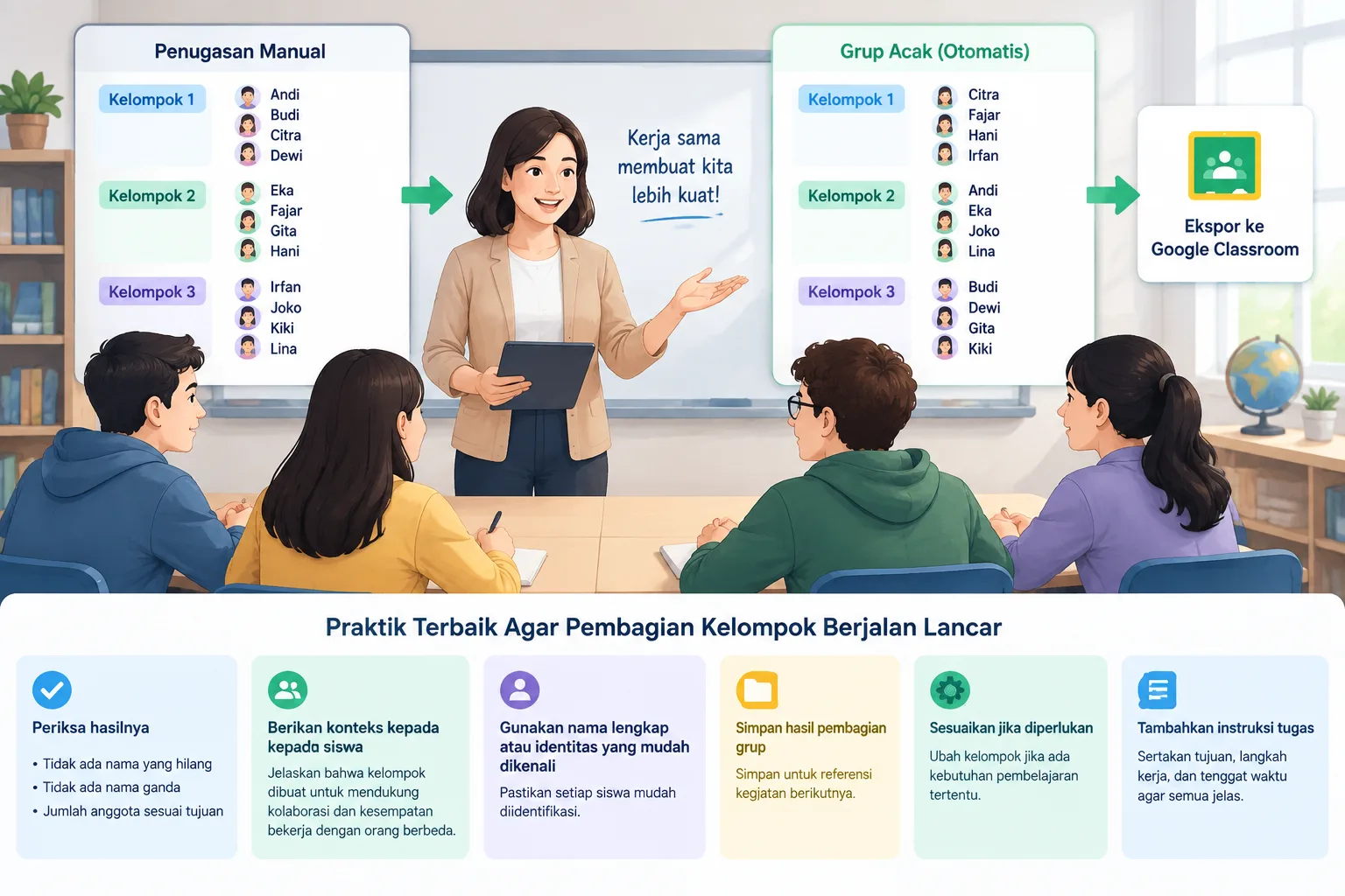 neutral educational infographic comparing manual group assignment and organized random group workflo