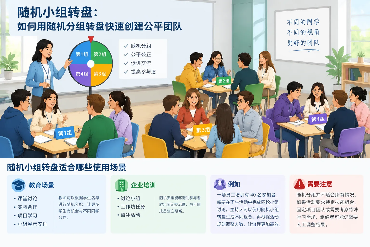 instructional diagram showing classroom workshop participants separated into balanced random groups