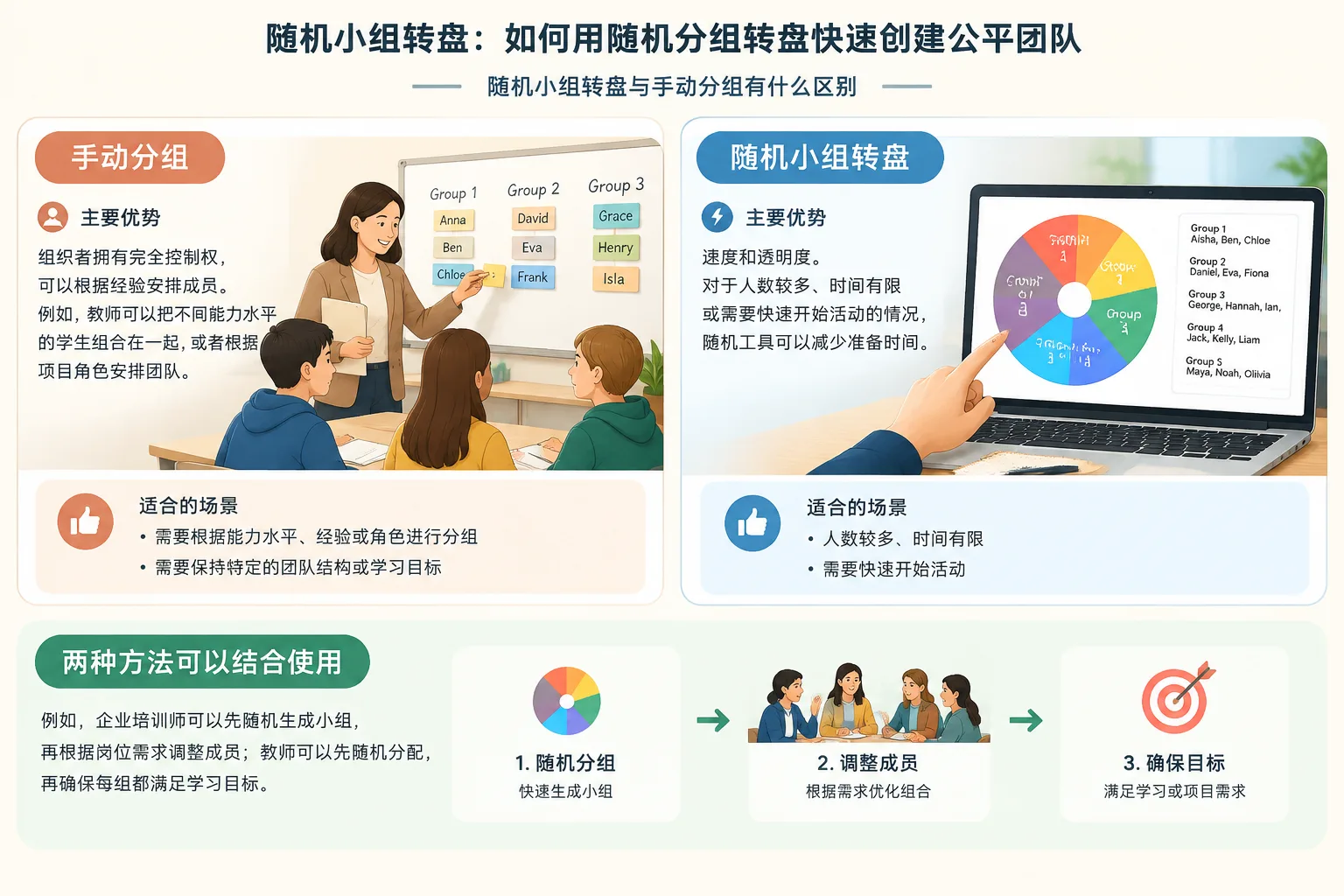 comparison infographic showing manual grouping versus random wheel grouping workflows