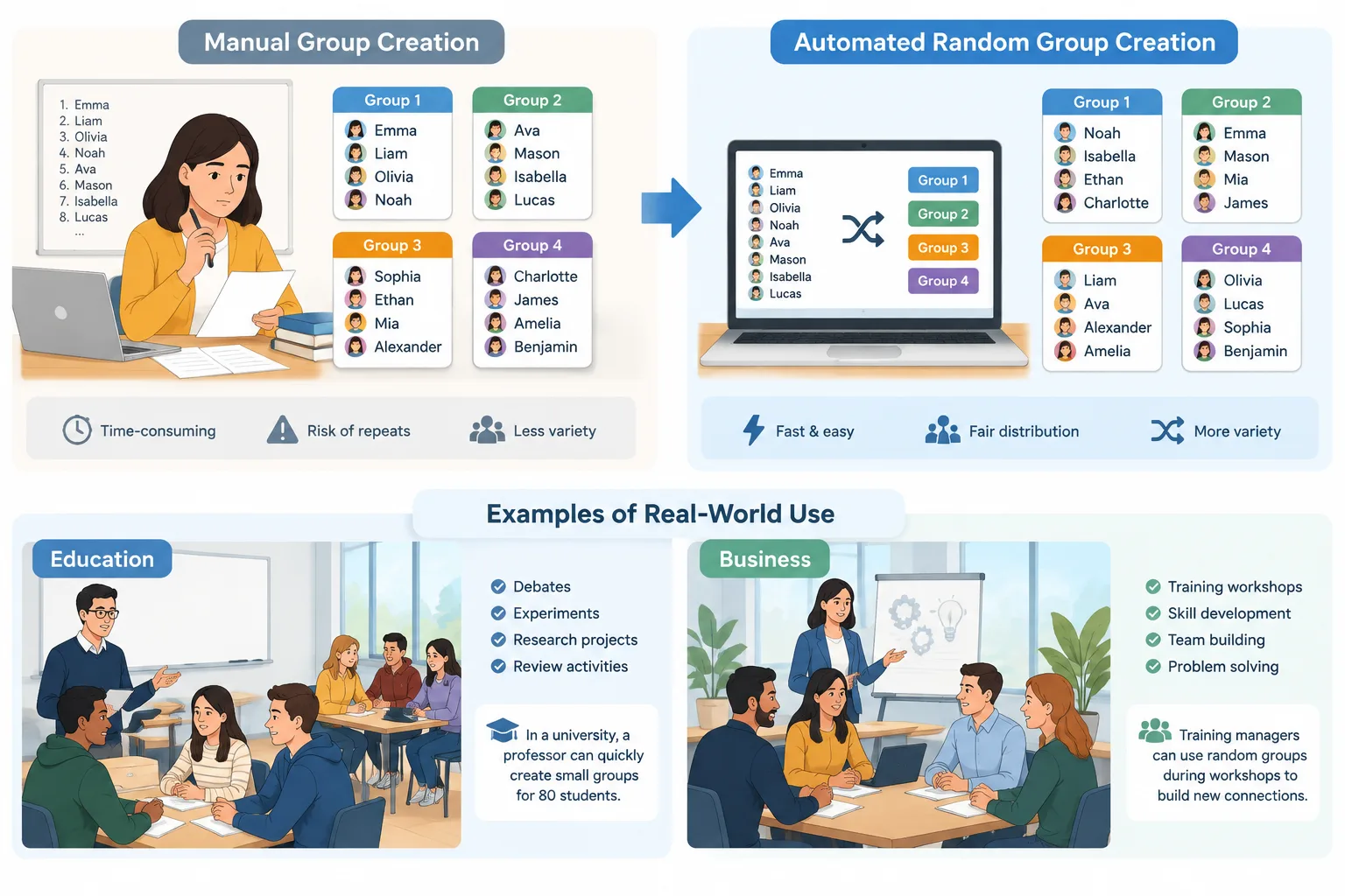 neutral infographic comparing manual group creation with automated random group creation workflow