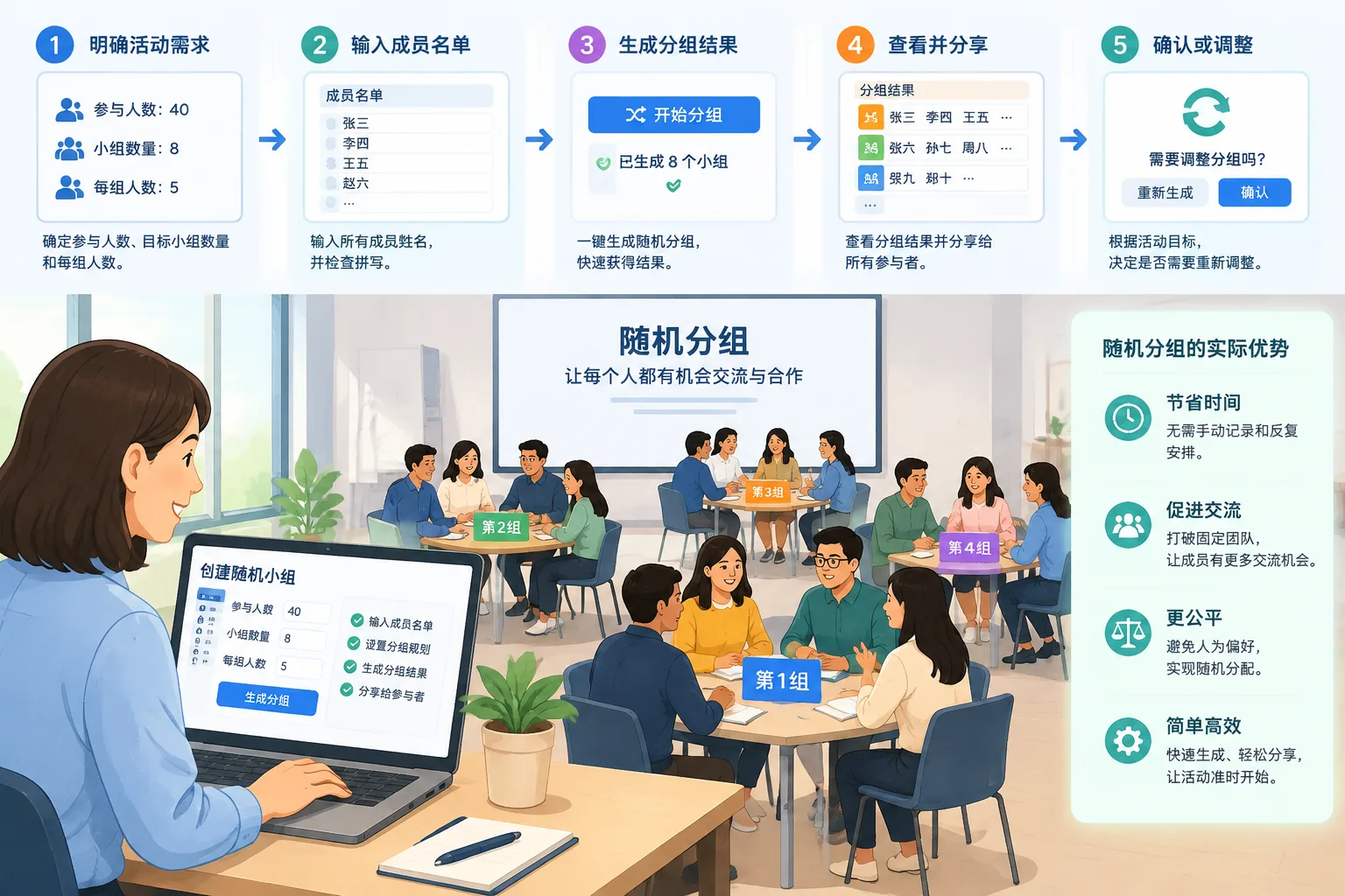 workflow illustration showing a facilitator entering names, creating groups, and sharing results