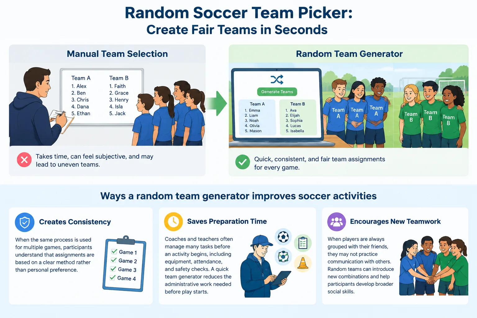 Clean infographic comparing manual soccer team selection with a random team generator workflow