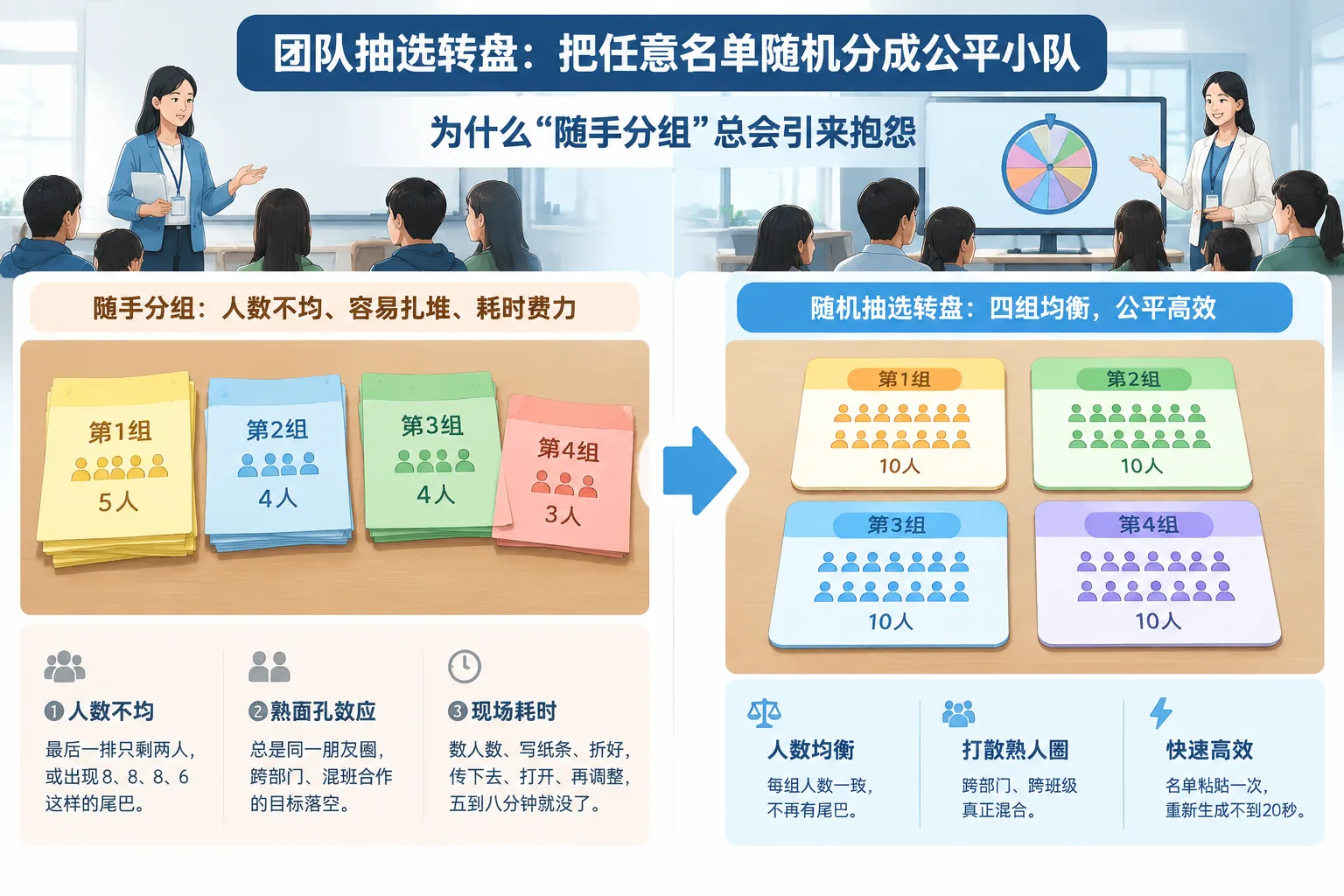 Instructional diagram comparing uneven hand-made grouping cards on the left