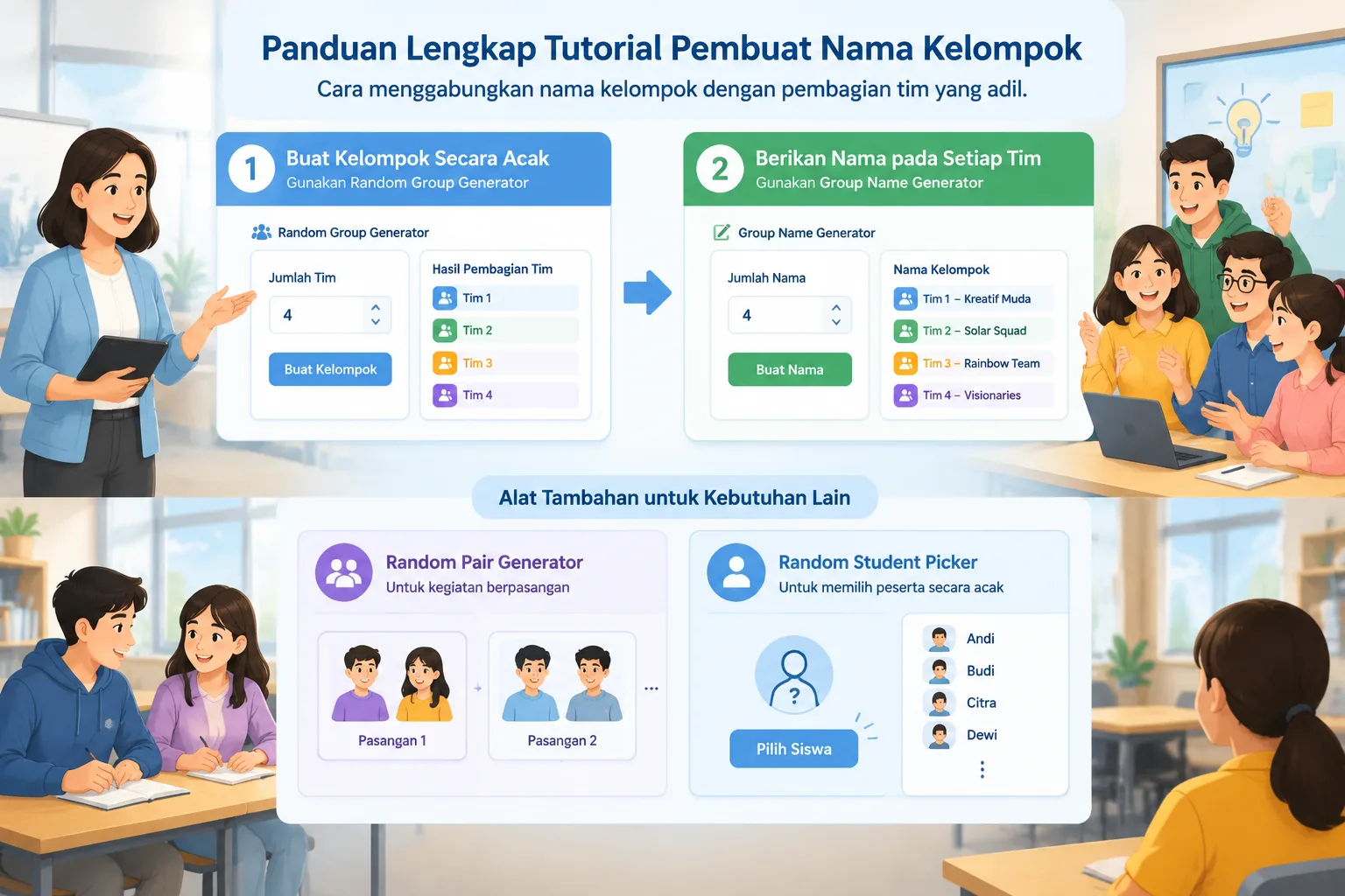 clean workflow illustration showing random team creation followed by assigning creative group names