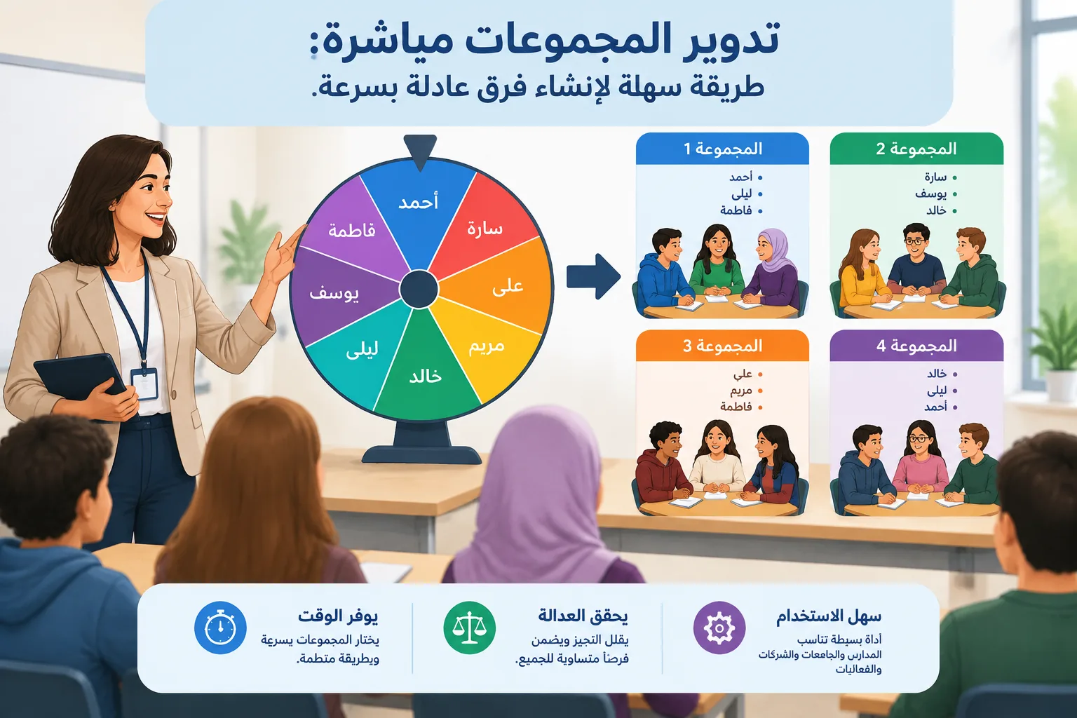 تصميم تعليمي يوضح أسماء مشاركين تنتقل إلى مجموعات متوازنة باستخدام عجلة أو شبكة تنظيم بسيطة