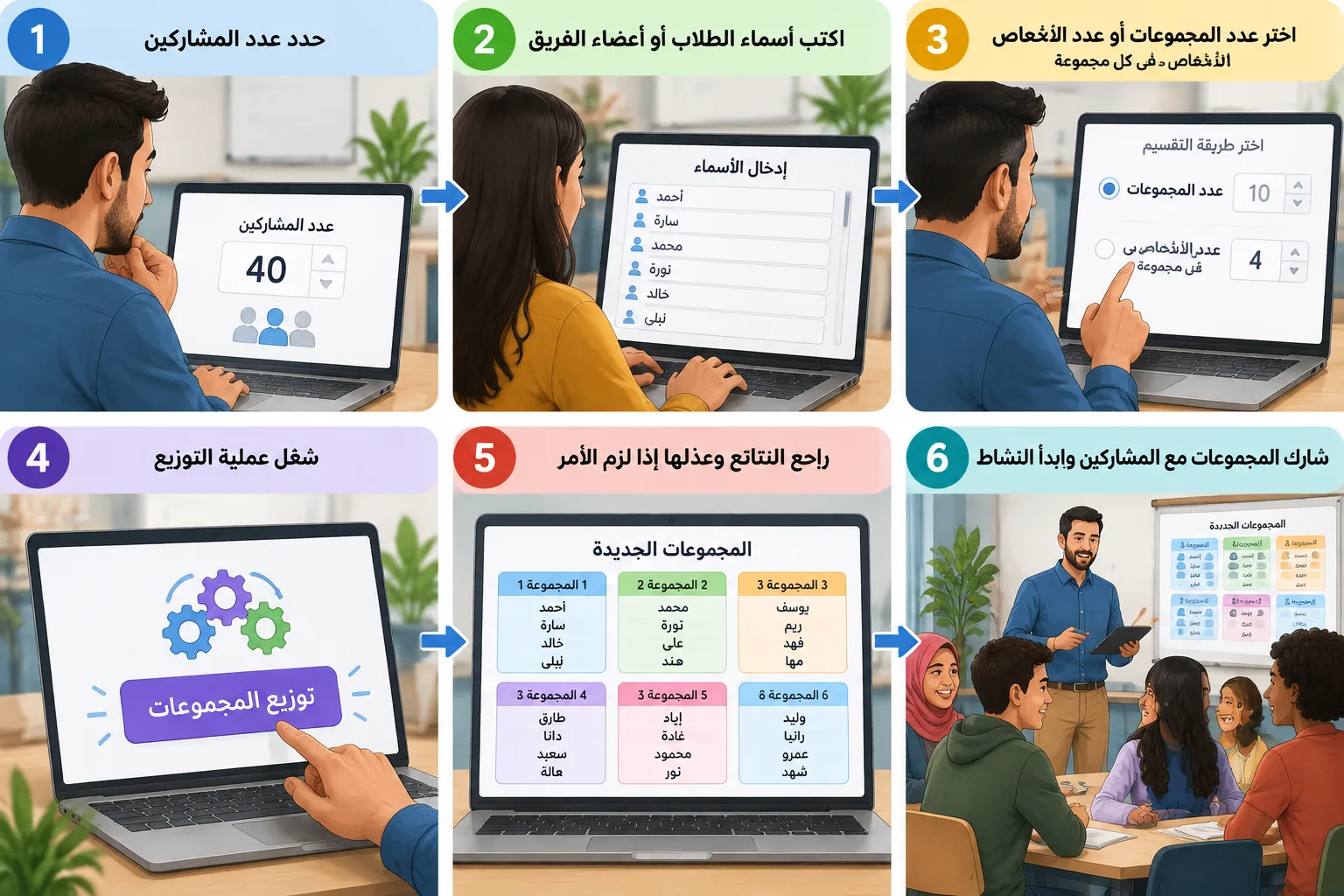 رسم توضيحي من ست خطوات يشرح إدخال الأسماء ثم اختيار حجم المجموعة ثم ظهور الفرق الجديدة