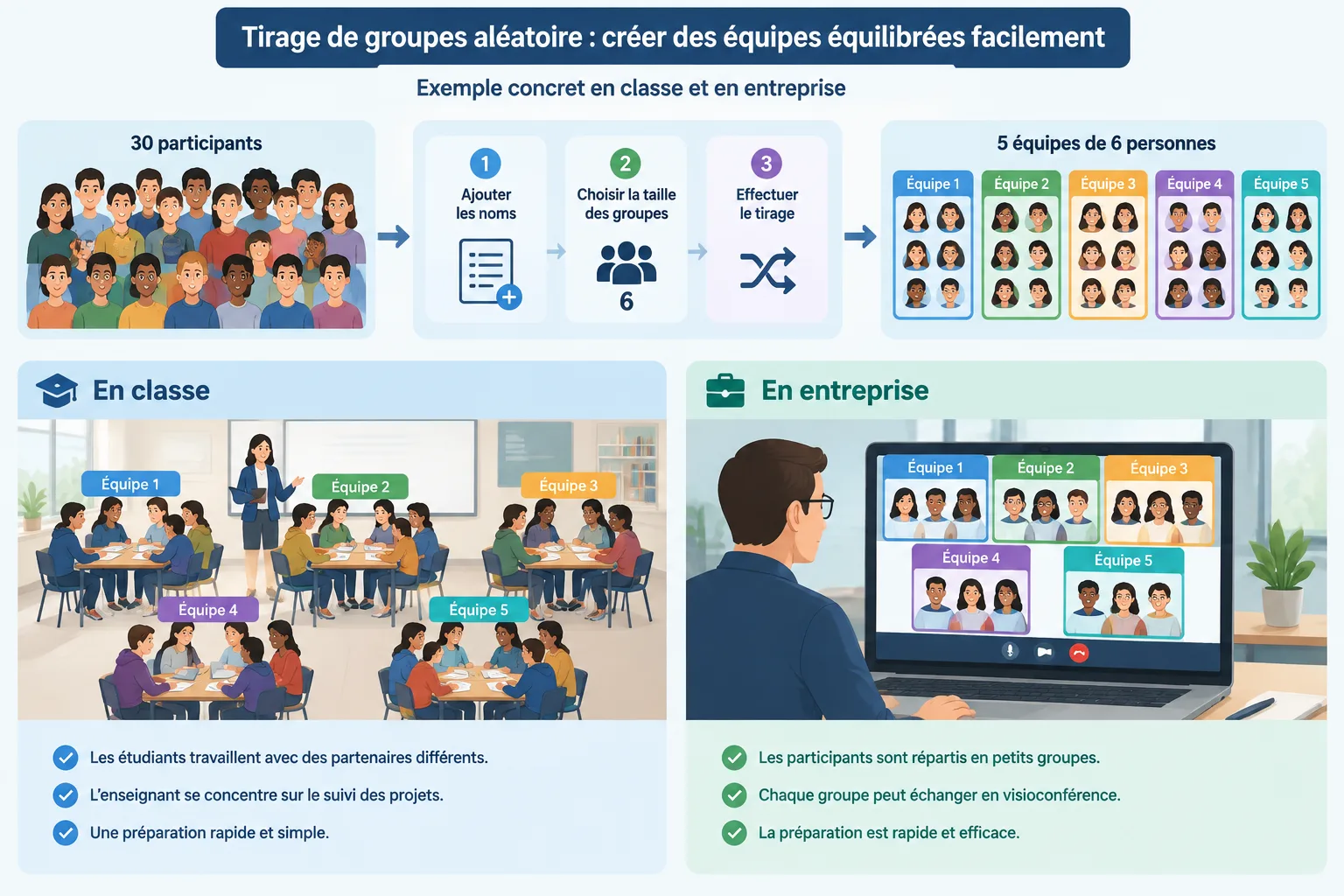 Schéma éducatif montrant trente participants transformés en cinq équipes de travail équilibrées