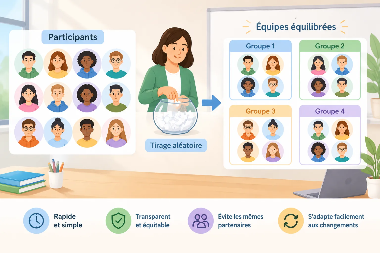 Illustration pédagogique montrant une grille de participants répartis en groupes équilibrés avec des