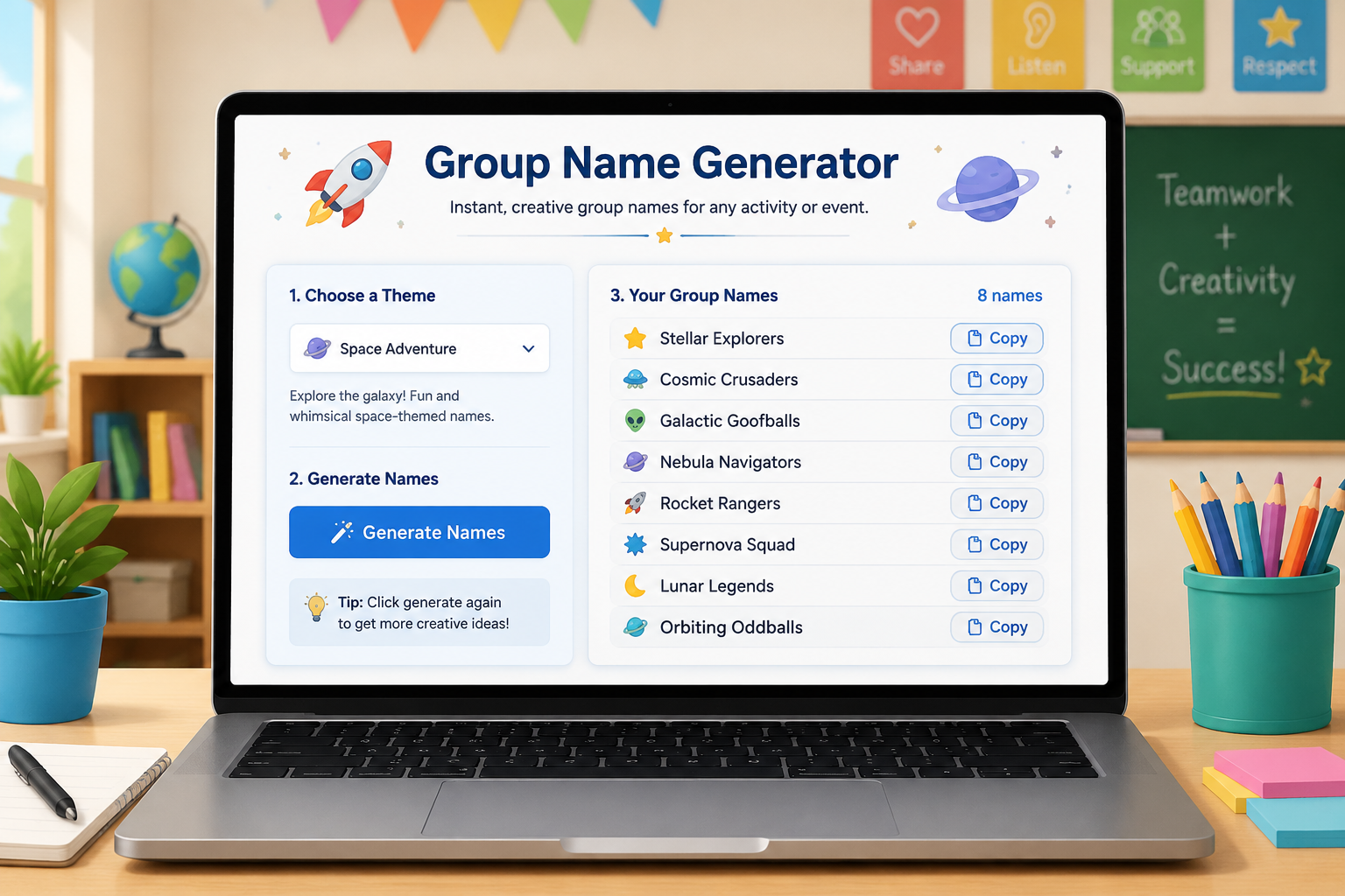 Clean illustration of the Group Name Generator interface displaying a list of whimsical space-themed group names alongside a theme selector and copy button, all on a bright laptop screen in a classroom-friendly style.