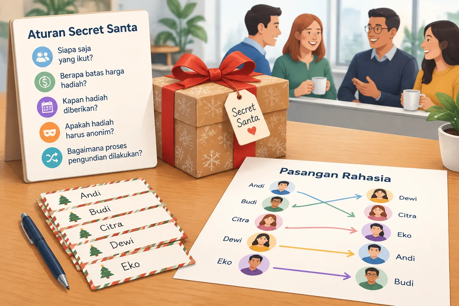 Ilustrasi panduan Secret Santa dengan kartu nama