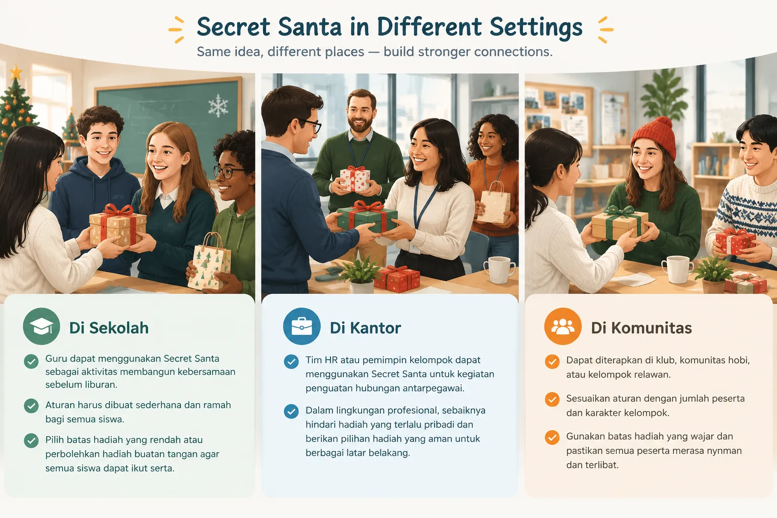 Infografik perbandingan penerapan Secret Santa di sekolah kantor dan komunitas