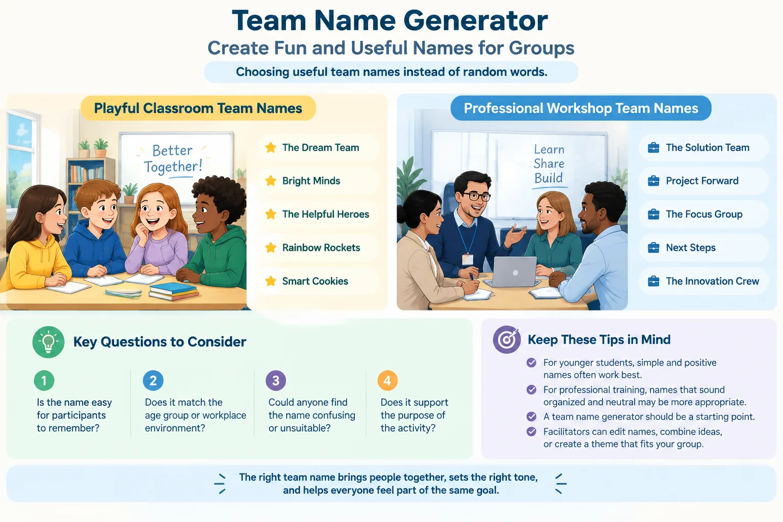 Comparison infographic showing playful classroom team names versus professional workshop team names