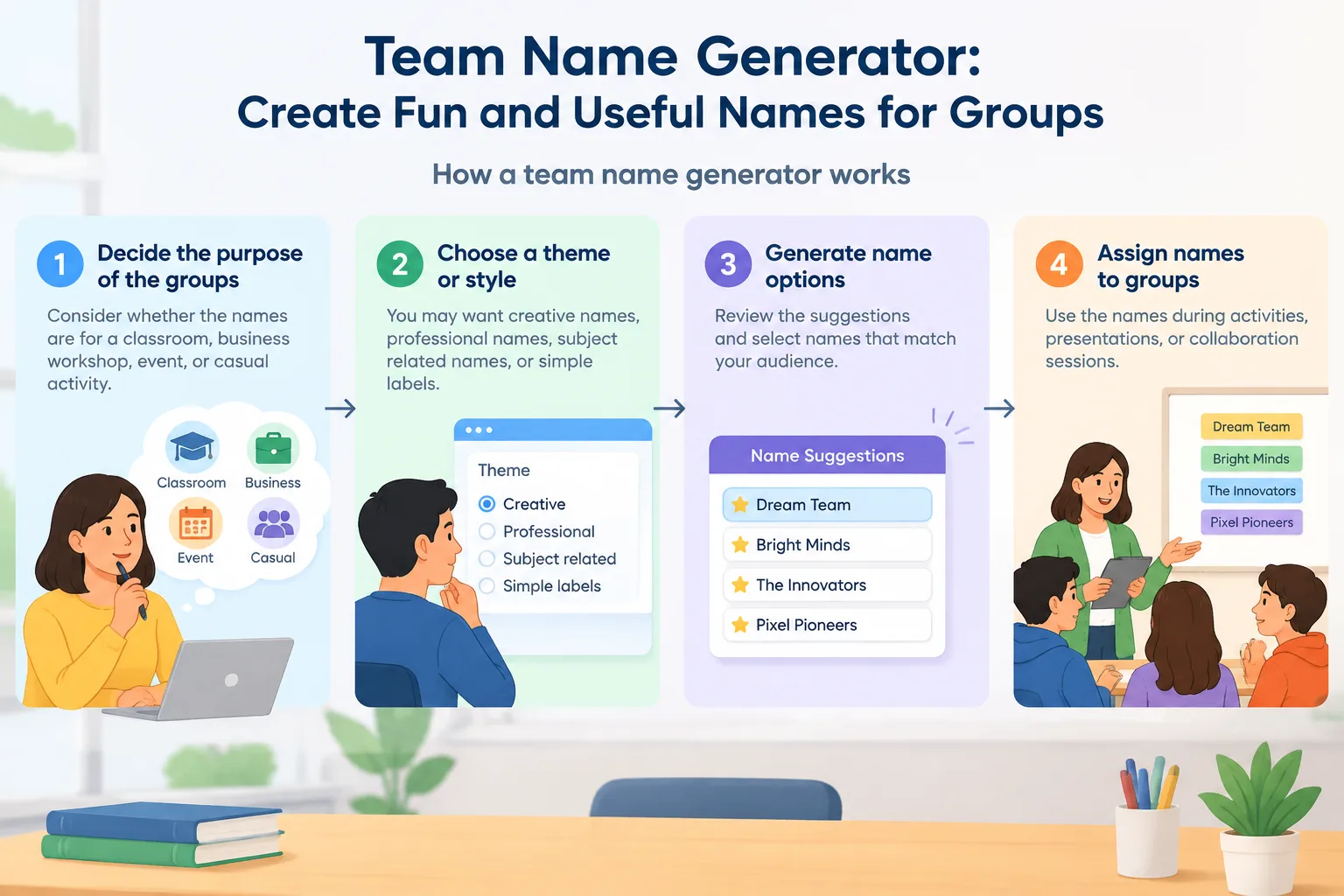 Simple workflow diagram showing choose theme, generate names, assign groups, and start activity