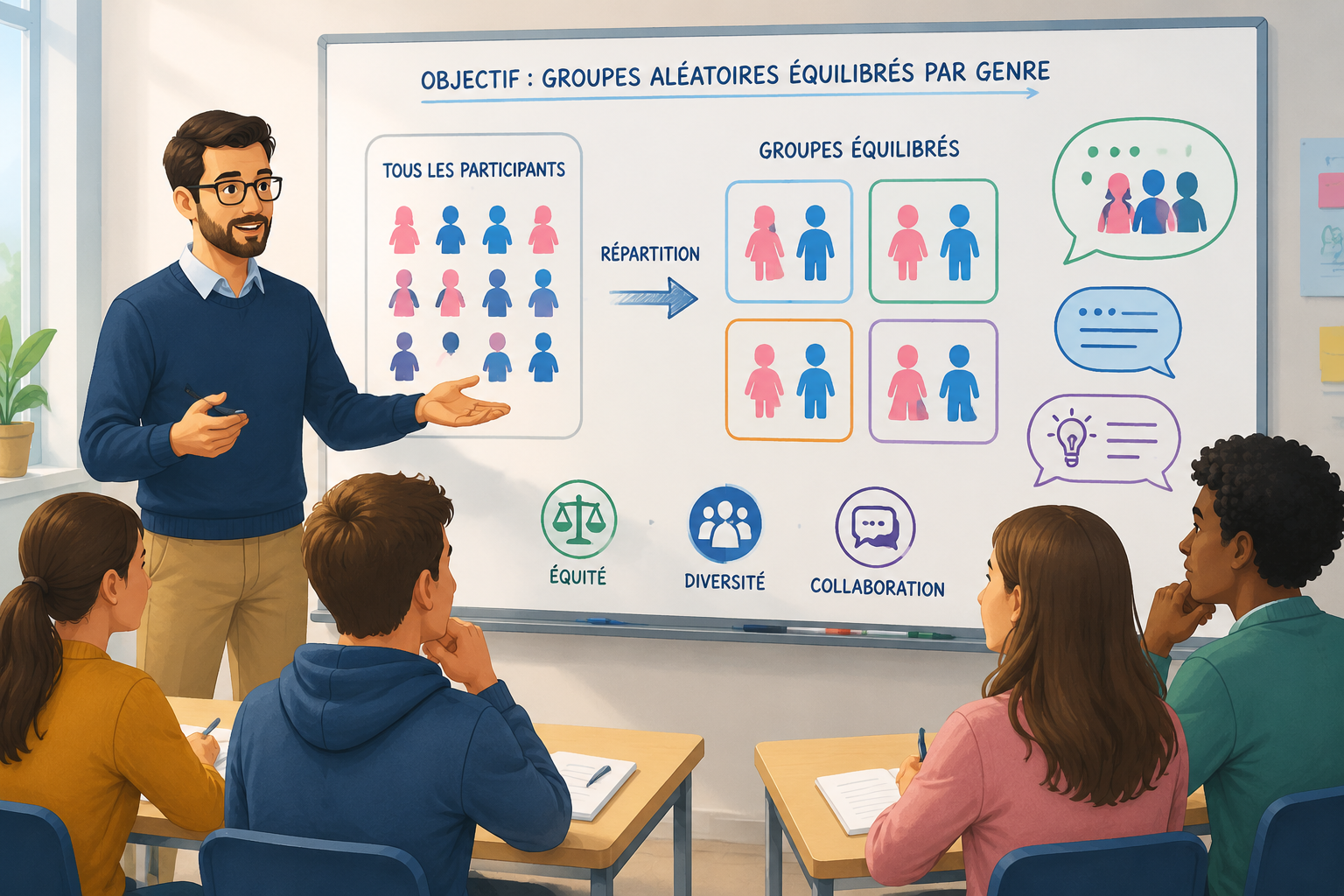 Une illustration montrant un enseignant devant un tableau, répartissant des silhouettes de personnes en groupes mixtes de manière équitable, avec des bulles de dialogue collaboratives.