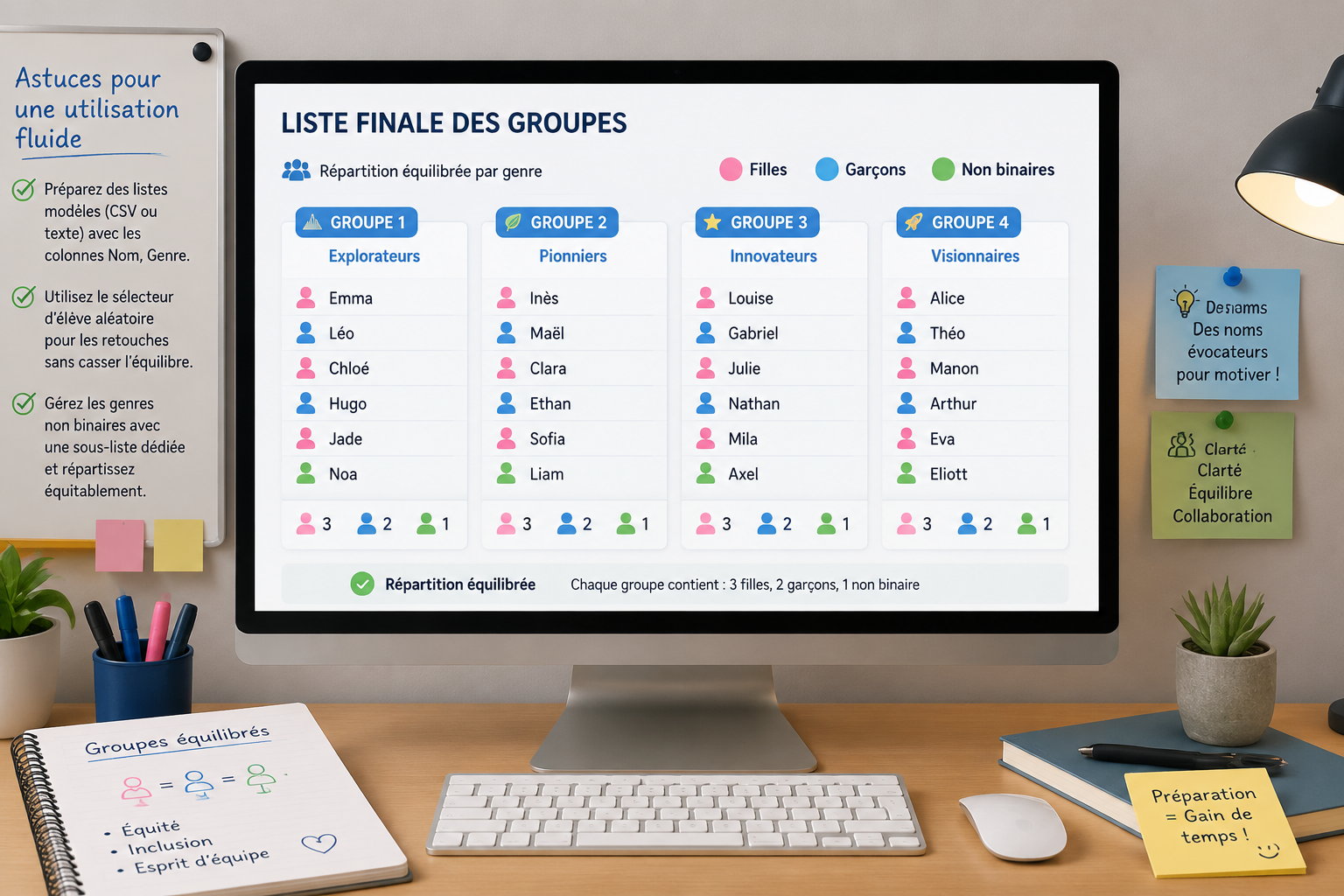 Illustration d’un écran d’ordinateur affichant la liste finale des groupes avec des codes couleur pour chaque genre : rose, bleu, vert, montrant clairement une répartition équilibrée.
