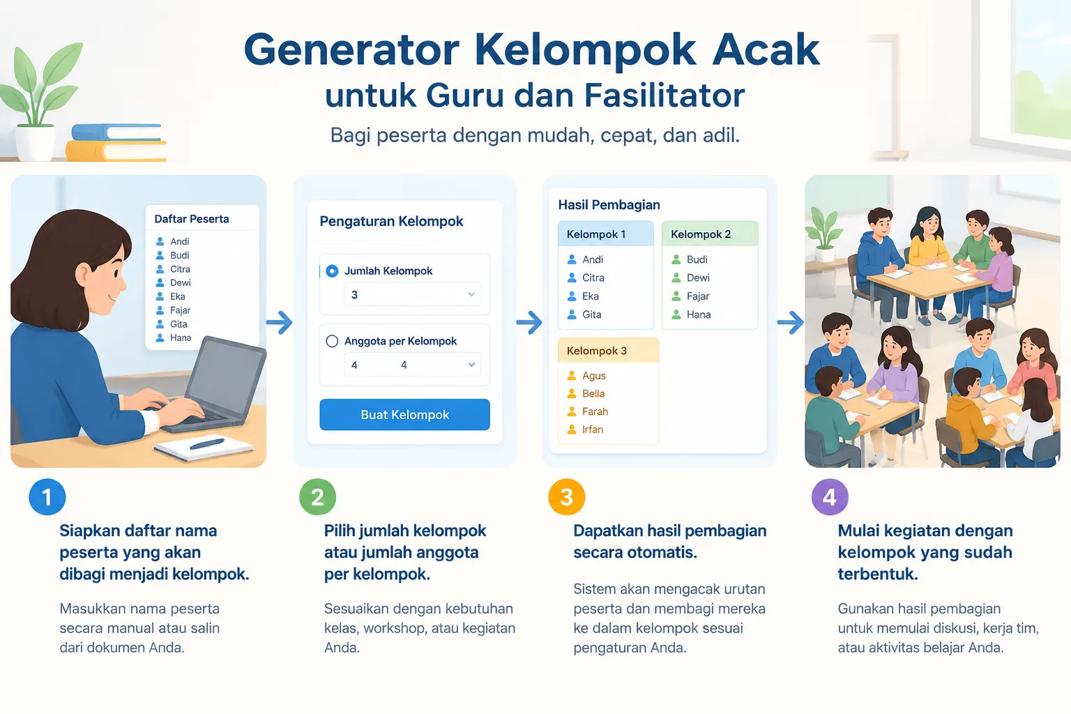 Infografik langkah demi langkah memasukkan nama peserta memilih ukuran kelompok dan melihat hasil pe