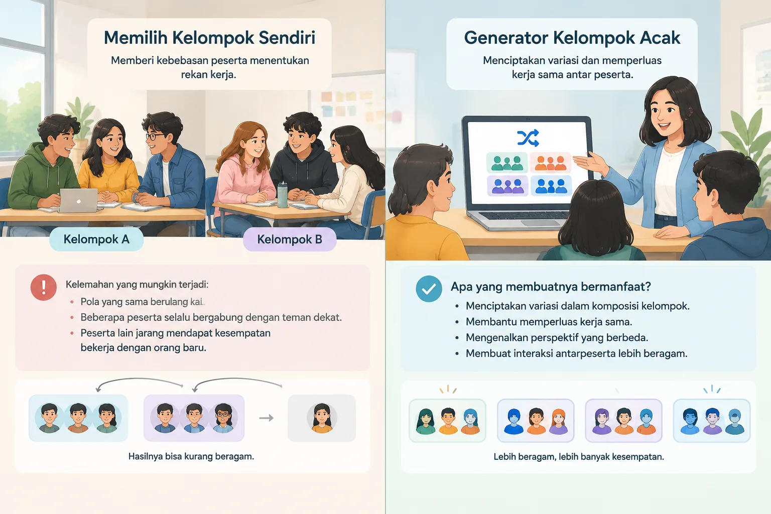 Perbandingan visual antara pemilihan kelompok sendiri dan pembagian kelompok acak dengan diagram sed