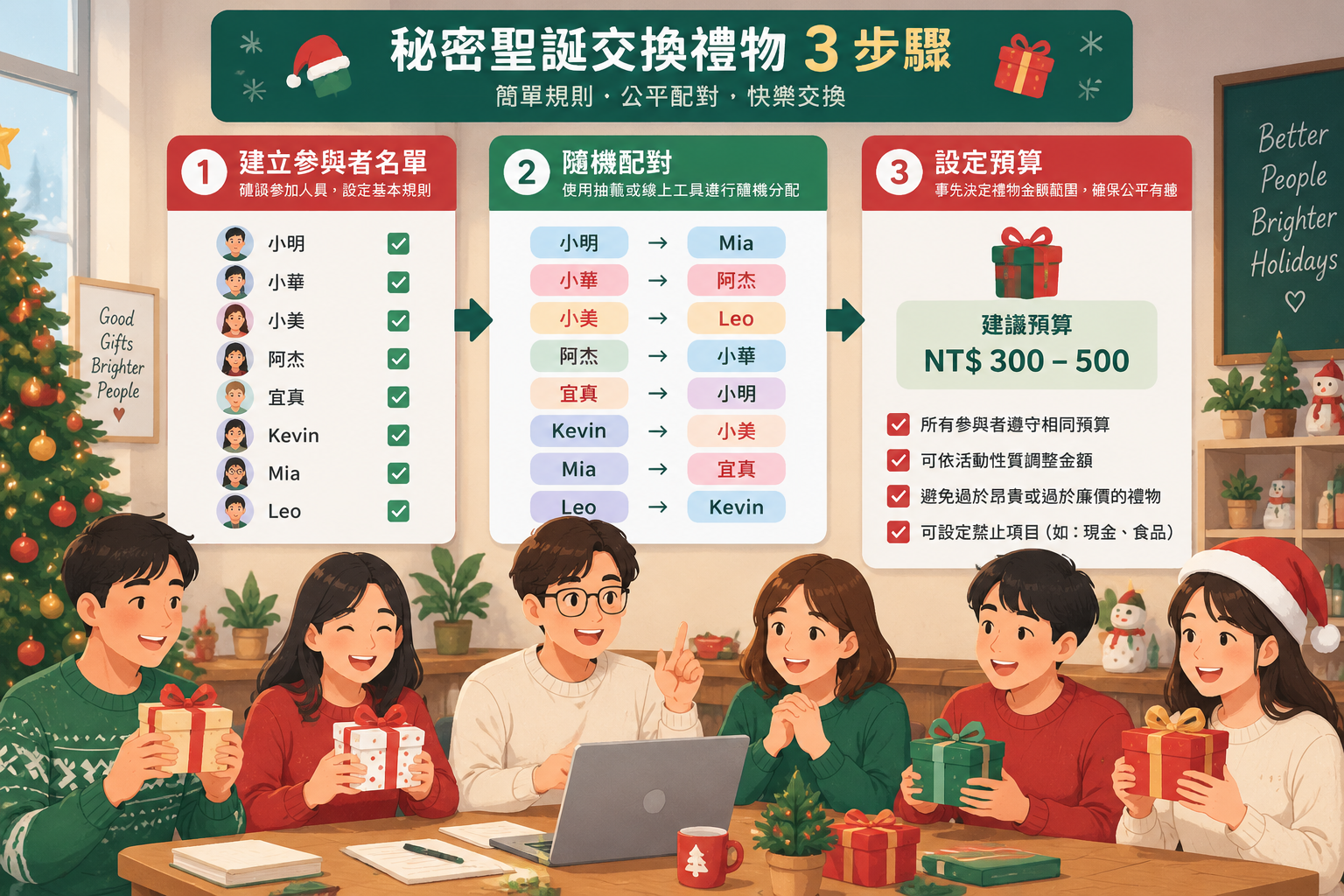 清楚展示秘密聖誕交換禮物流程的教學插圖，包含參與者名單、隨機配對與預算設定步驟
