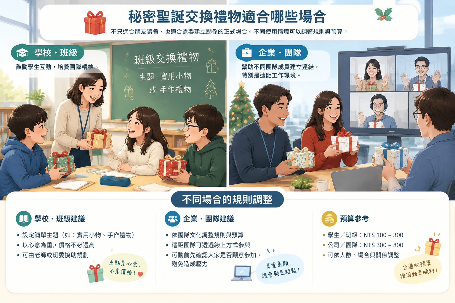 職場與教室皆適用的交換禮物活動場景示意圖，呈現不同場合的規則調整