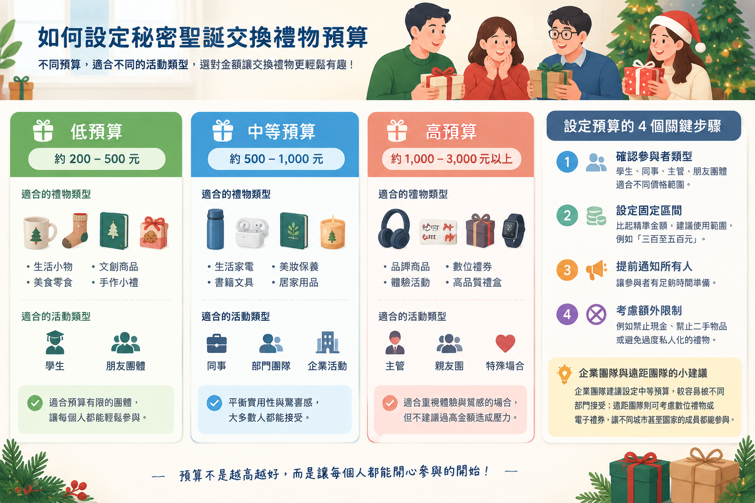 交換禮物預算規劃資訊圖，展示低中高不同預算範圍與適合活動類型