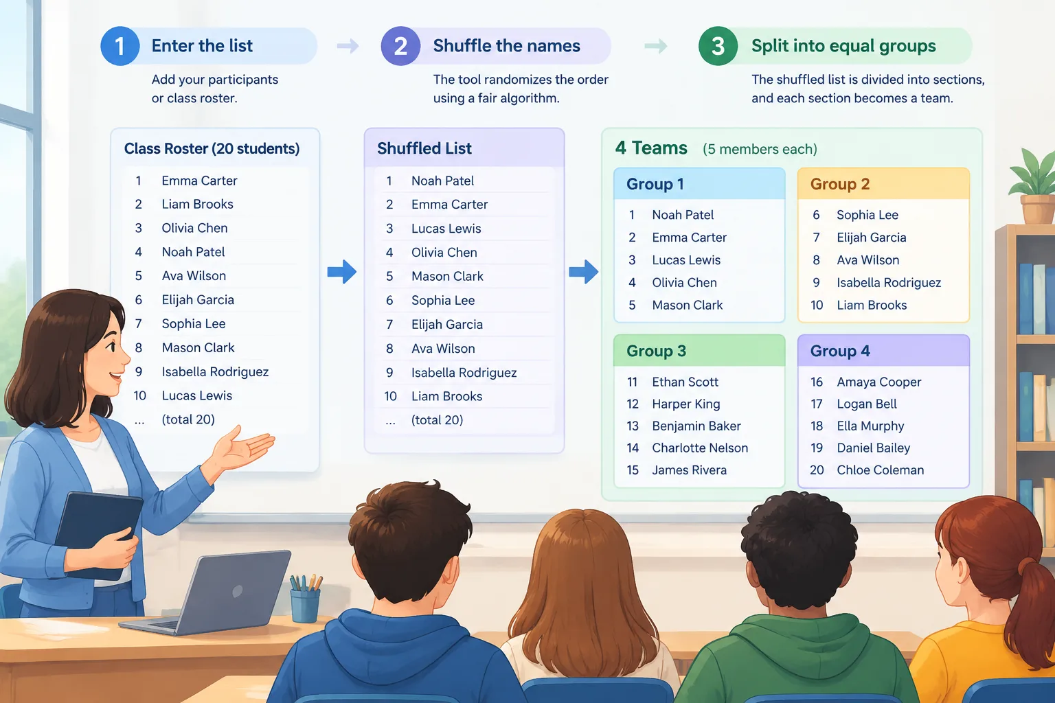 instructional comparison showing shuffled names split into equal team columns