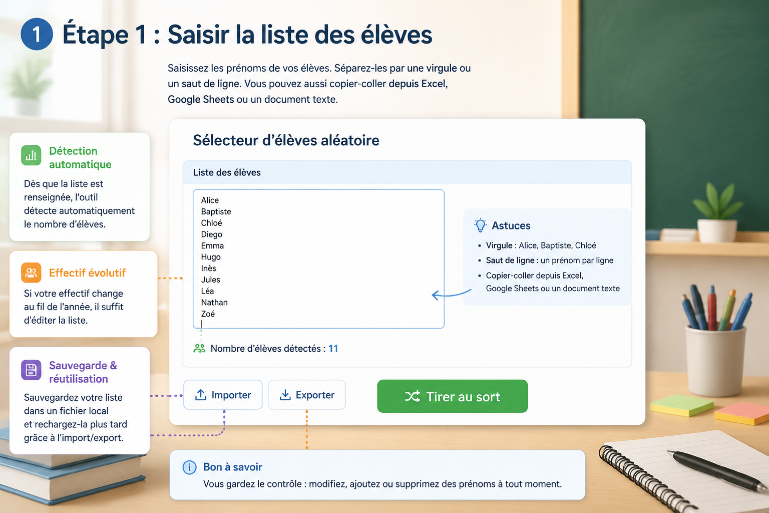 Capture d’écran simplifiée montrant la zone de saisie avec des prénoms et le bouton “Tirer au sort”.