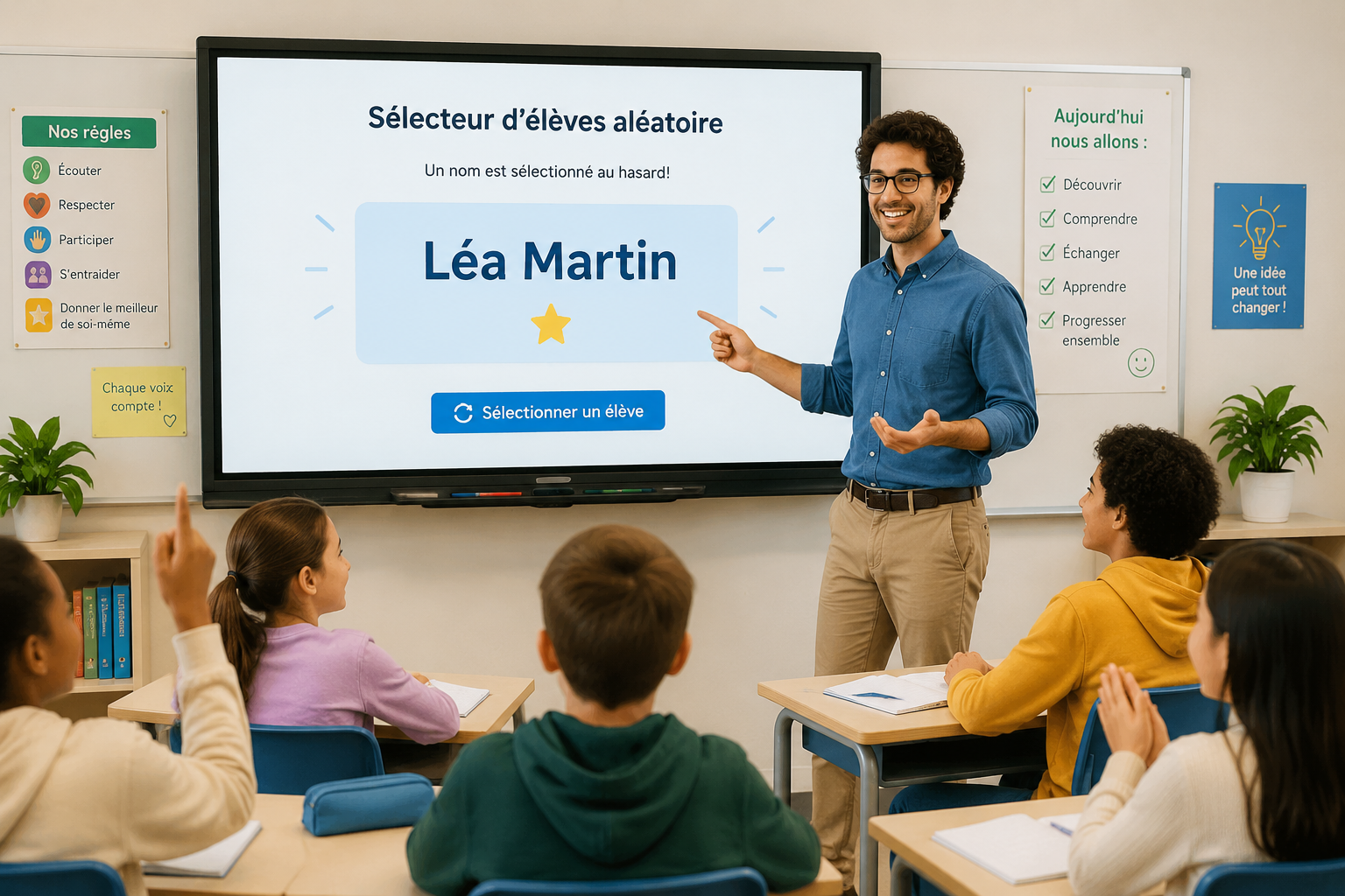 Illustration d’un enseignant devant un tableau interactif affichant le nom d’un élève sélectionné au hasard, ambiance de classe positive.