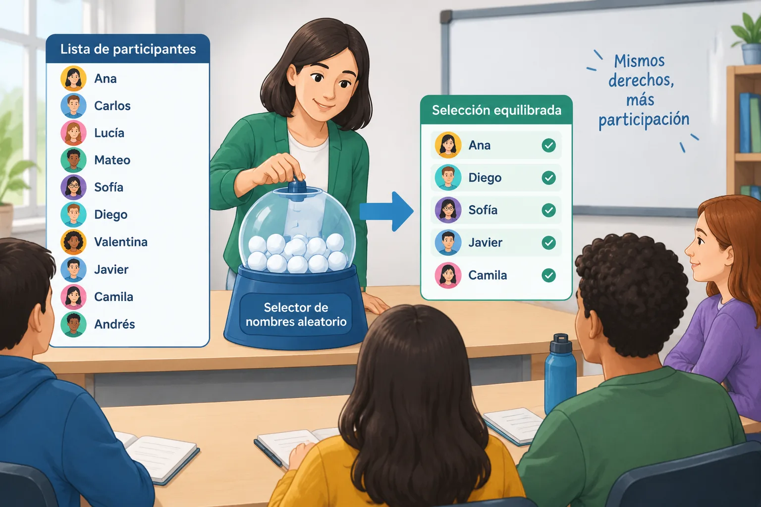 Diagrama educativo de un selector de nombres aleatorio mostrando una lista de participantes y una se