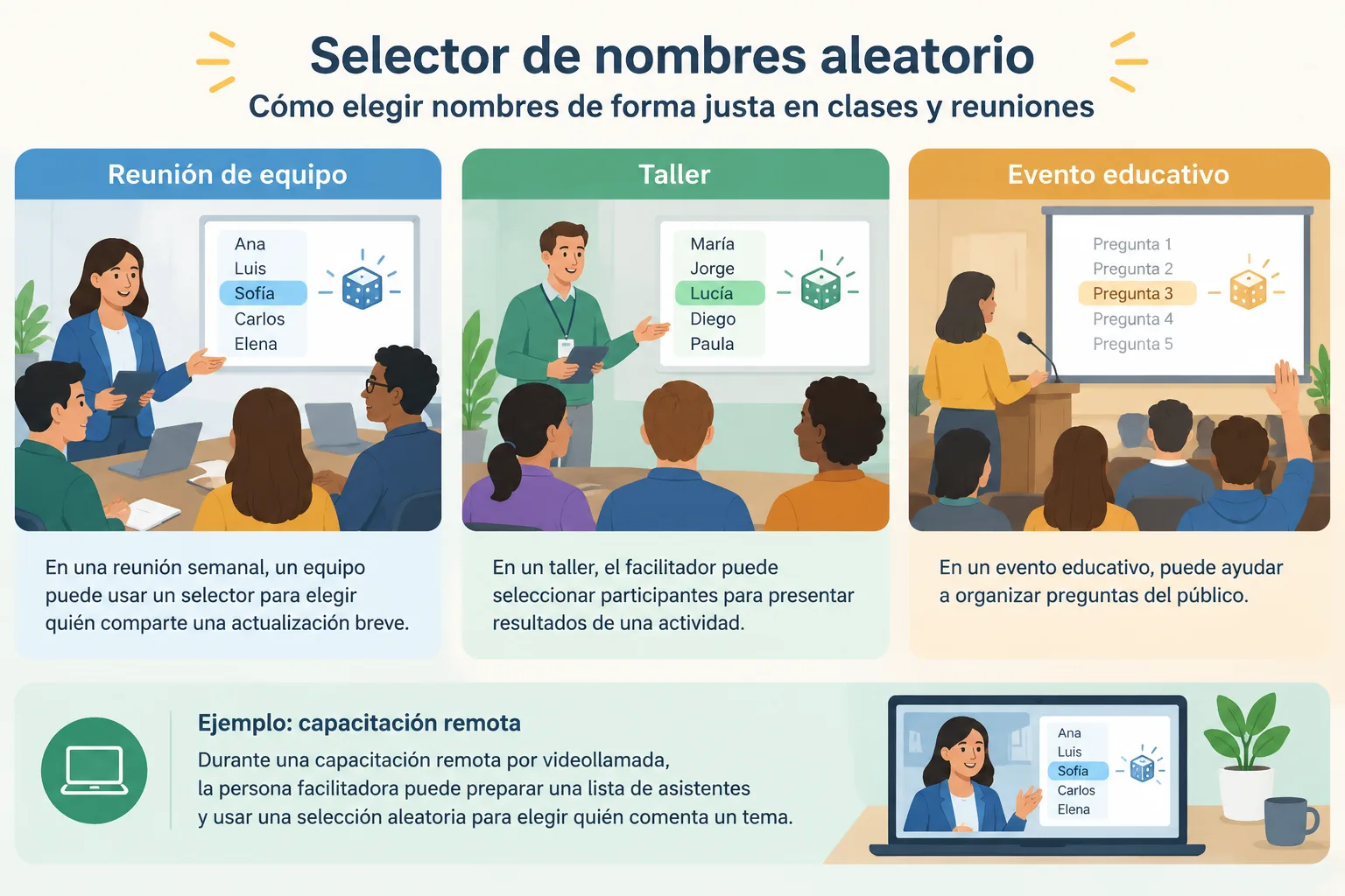 Infografía sencilla mostrando aplicaciones de selección aleatoria en aula