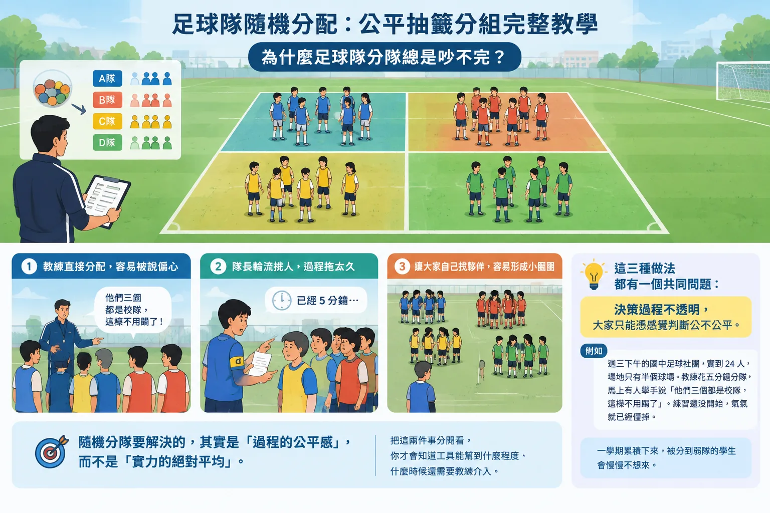 Flat illustration of a soccer practice field divided into four equal team zones